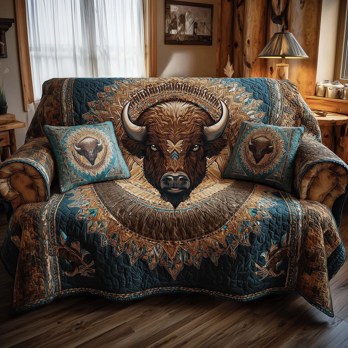 Bison Head on Ornate Blue Sofa Cover