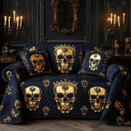 Crowned Gold Skulls on Navy Sofa Cover