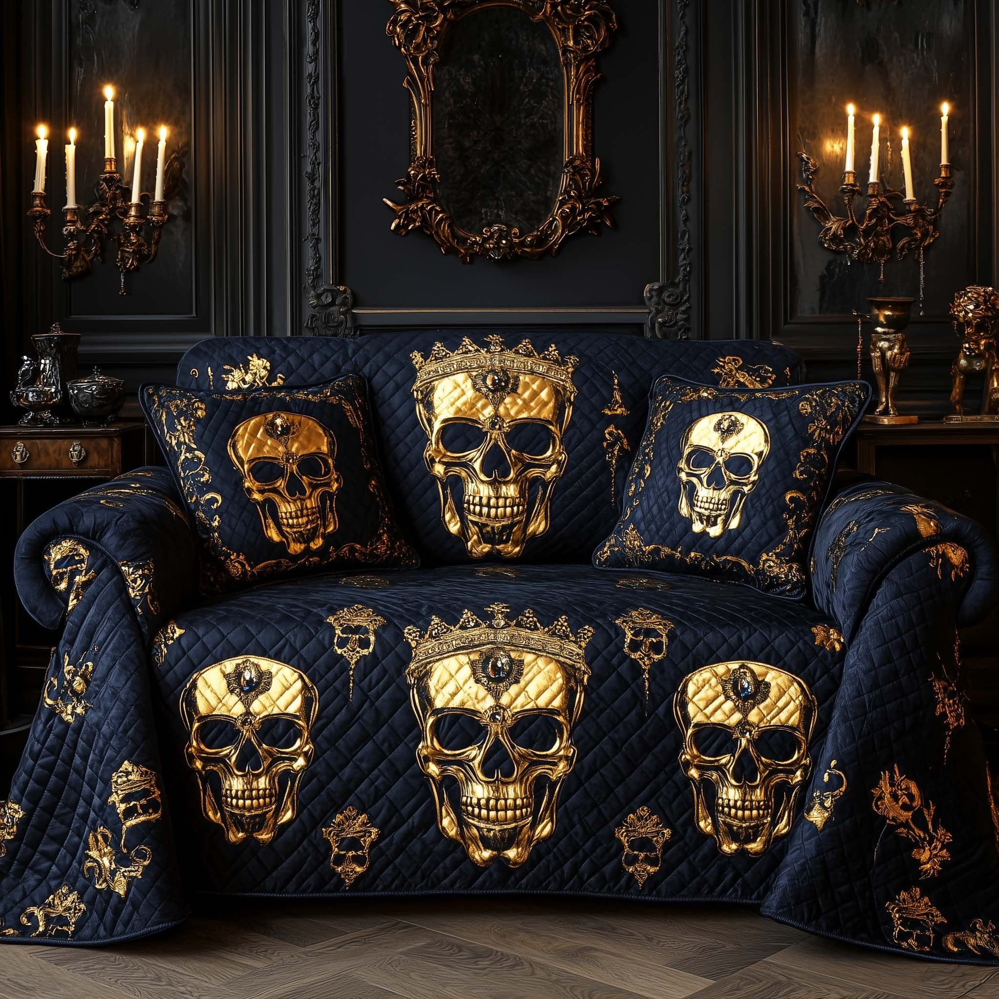Crowned Gold Skulls on Navy Sofa Cover