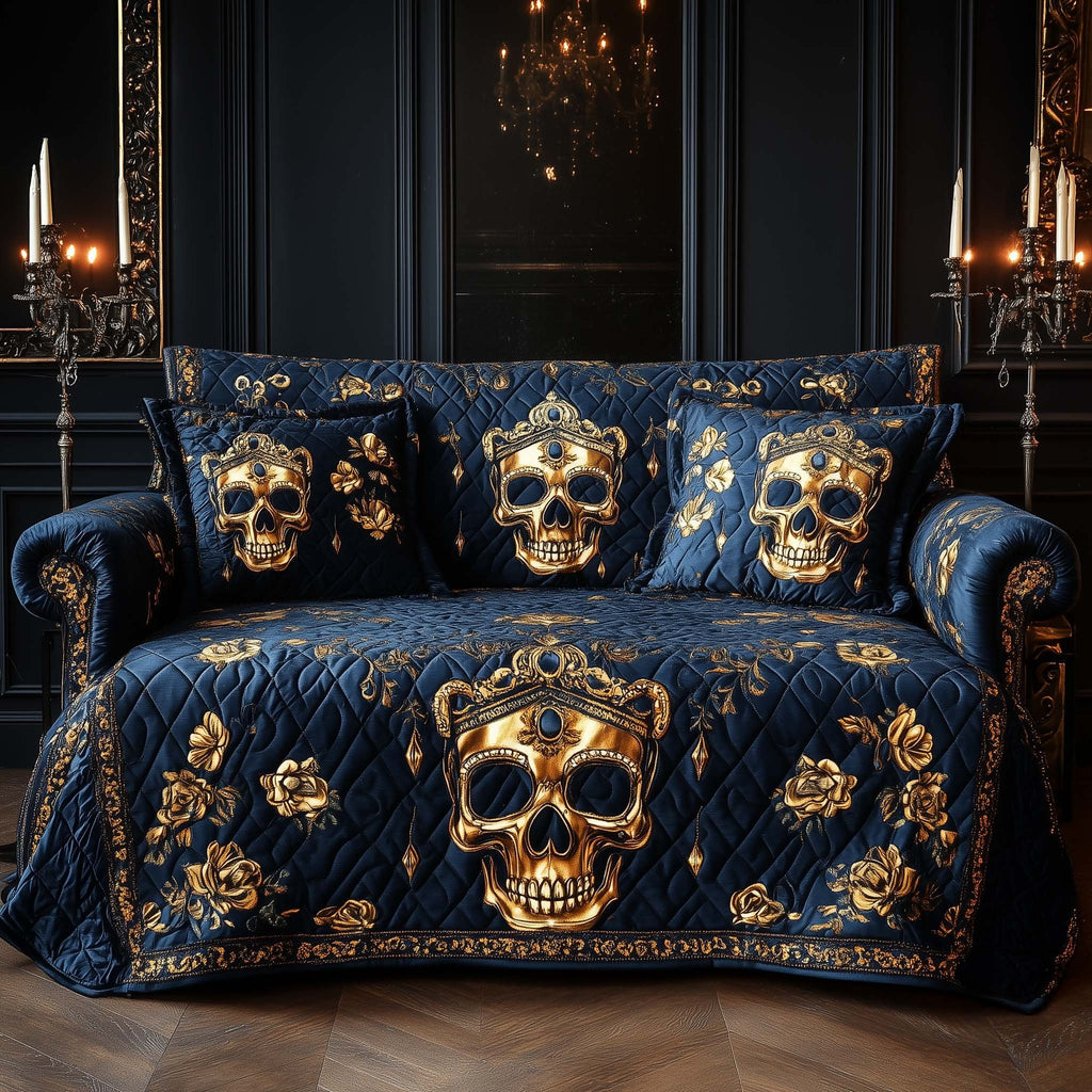 Crowned Skull and Golden Roses Sofa Cover