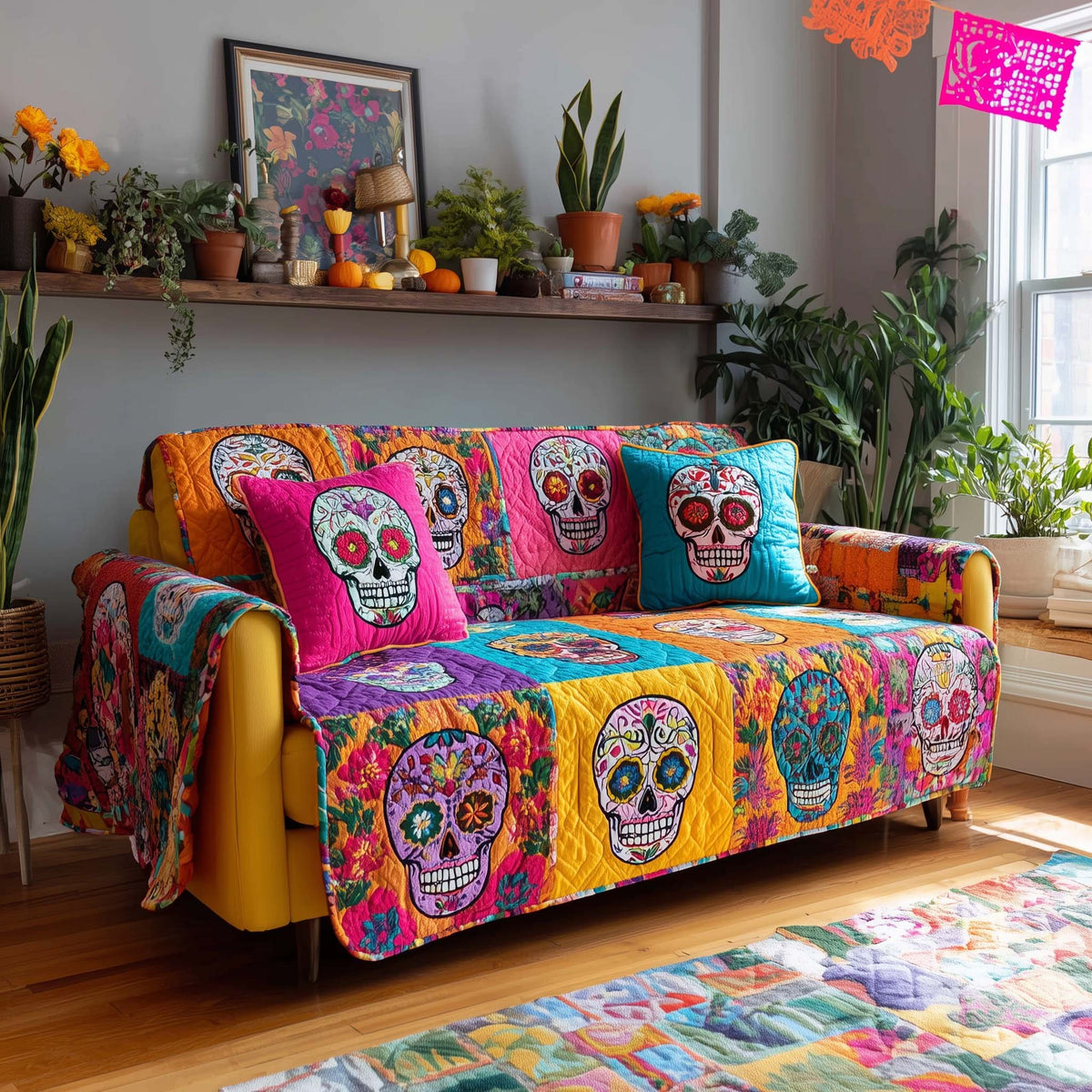 Sugar Skulls on Sunny Yellow Sofa Cover