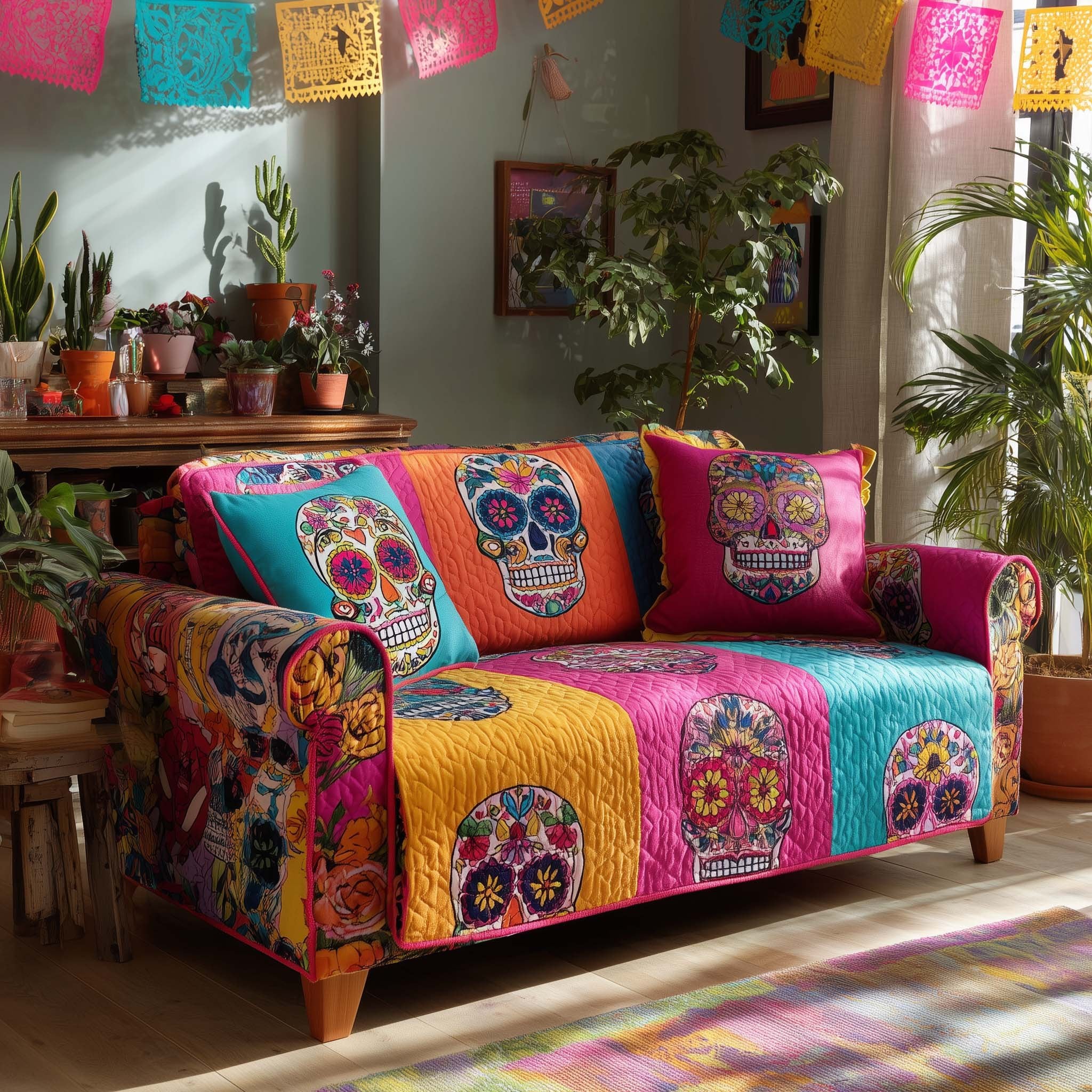Sugar Skulls on Hot Pink and Teal Sofa Cover