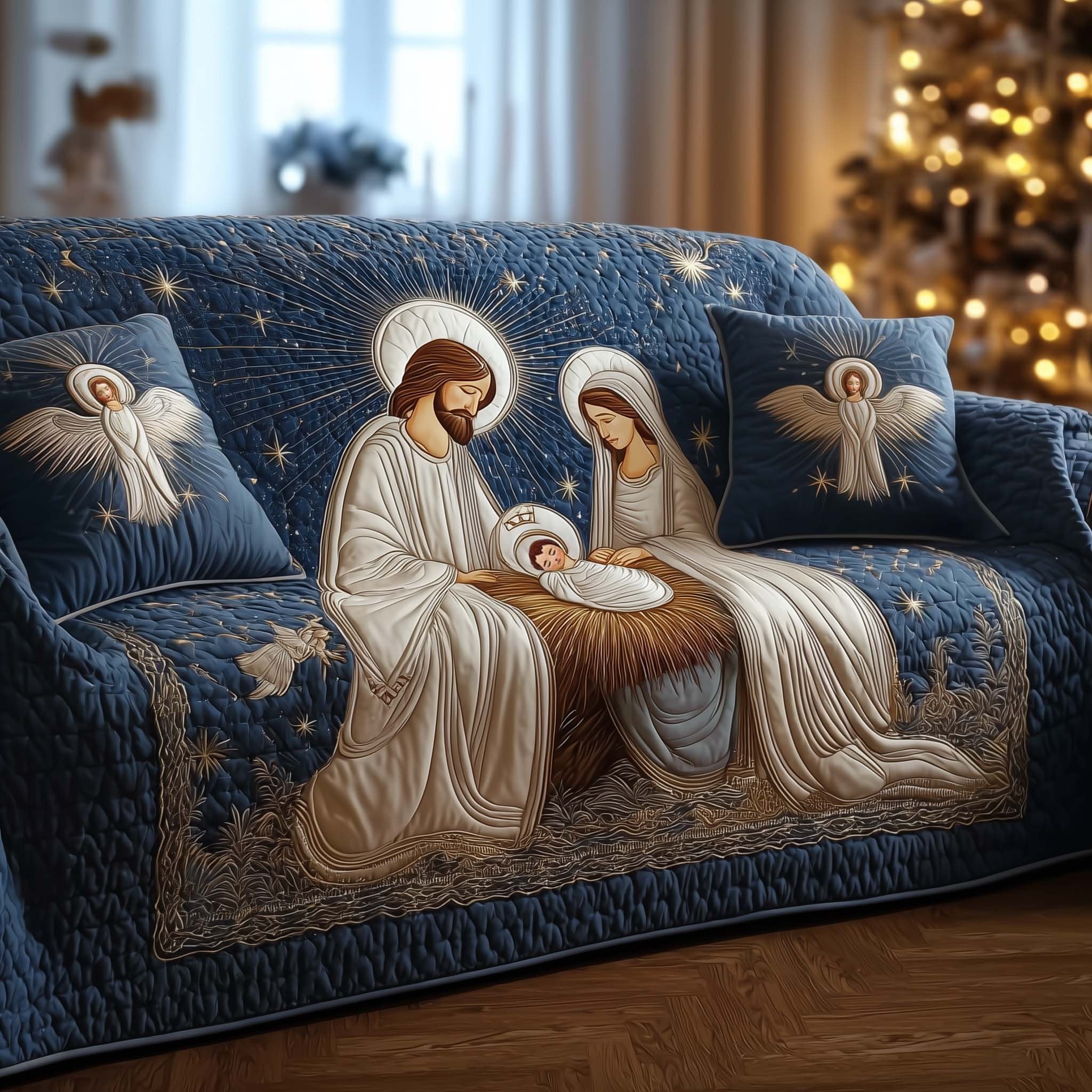 Nativity on Blue with an Angel Sofa Cover
