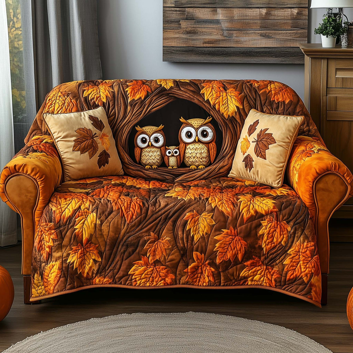 Owl Family in Golden Leaves Sofa Cover