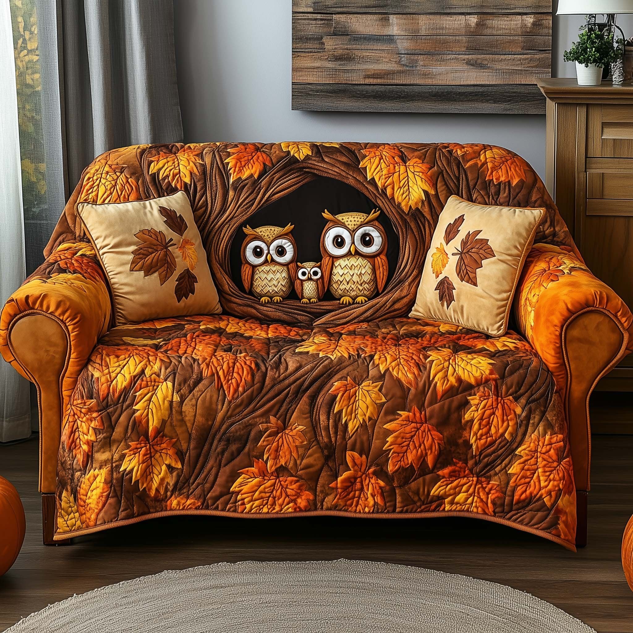 Owl Family in Golden Leaves Sofa Cover