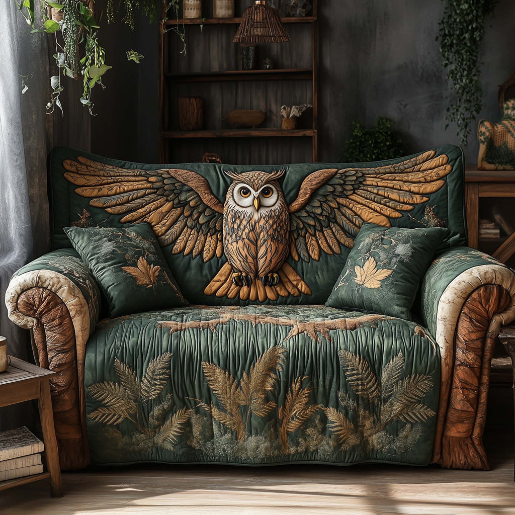Perched Owl on Green Leaves Sofa Cover