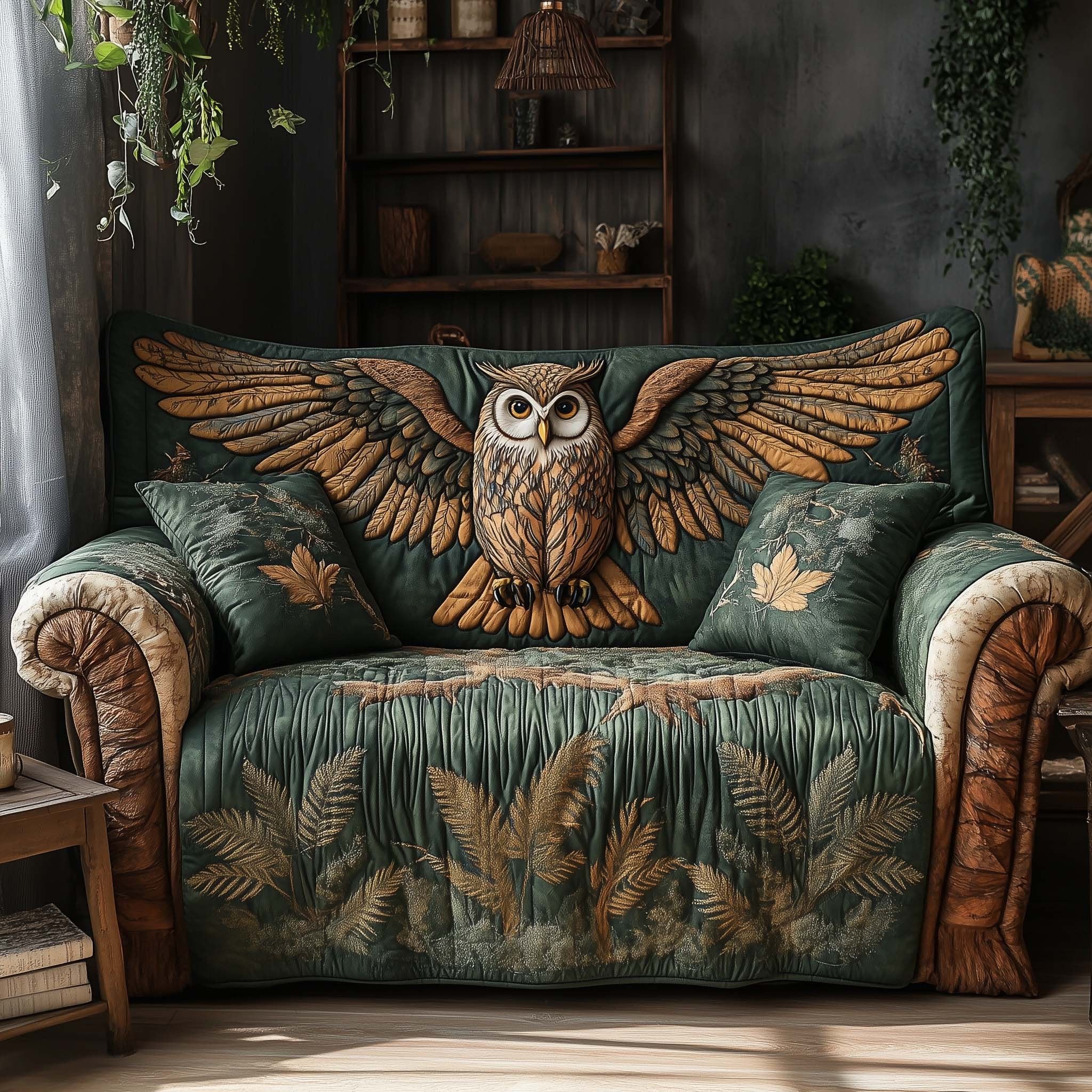 Perched Owl on Green Leaves Sofa Cover