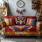 Southwestern Owl on Red Diamonds Sofa Cover