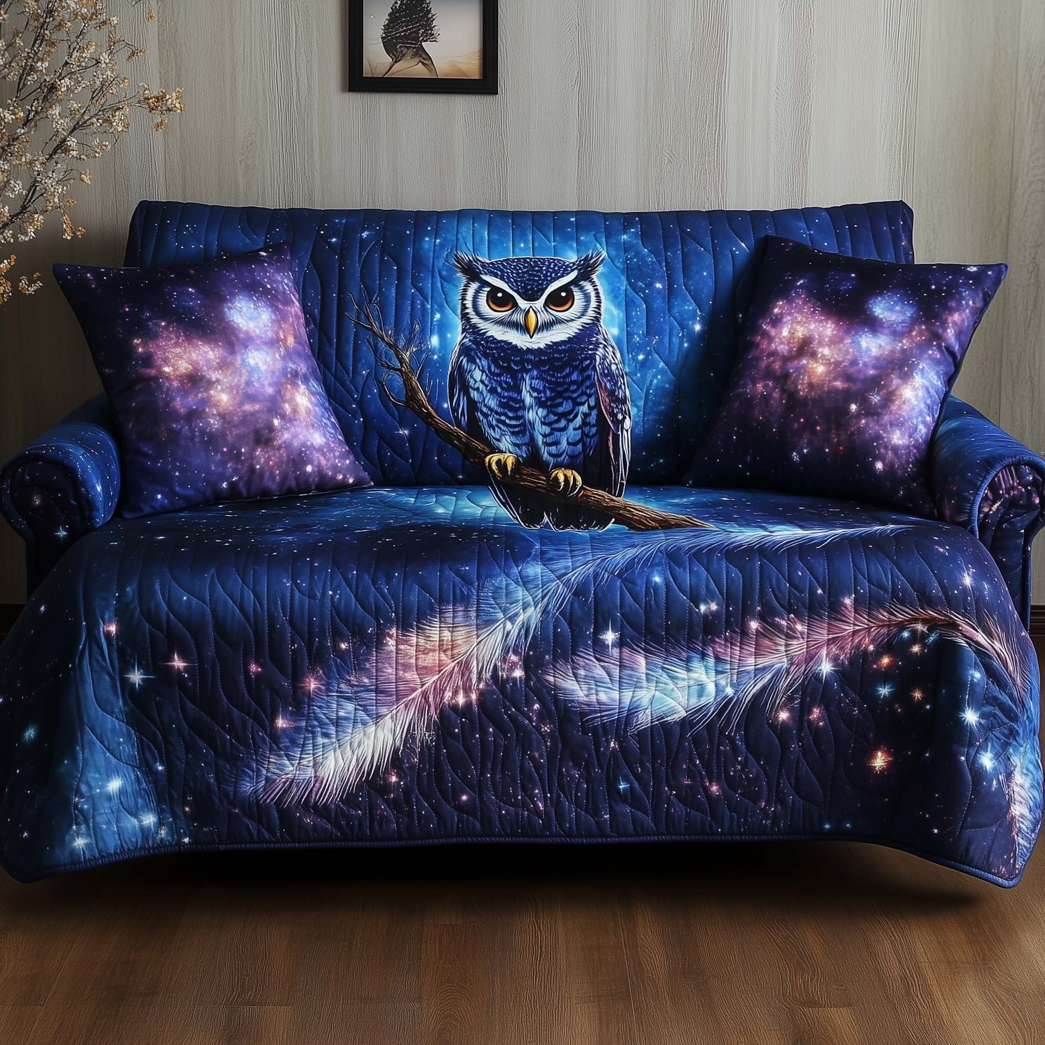 Owl on a Branch in the Cosmos Sofa Cover