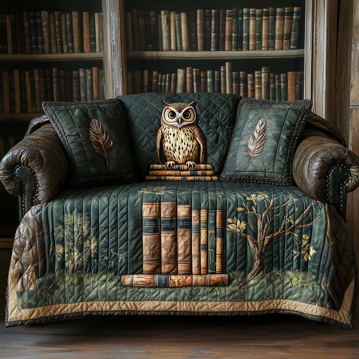 Owl Among Green Library Books Sofa Cover