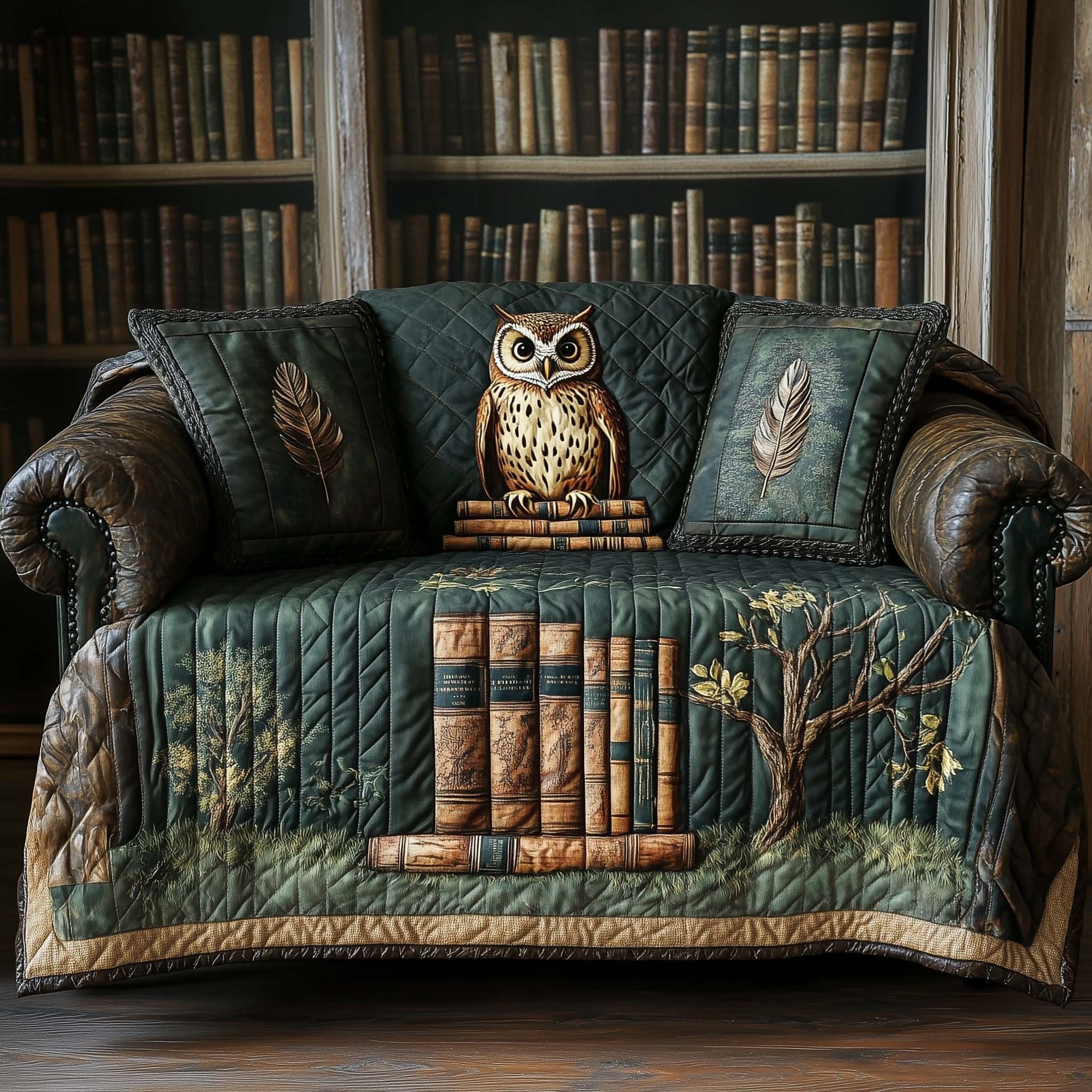 Owl Among Green Library Books Sofa Cover