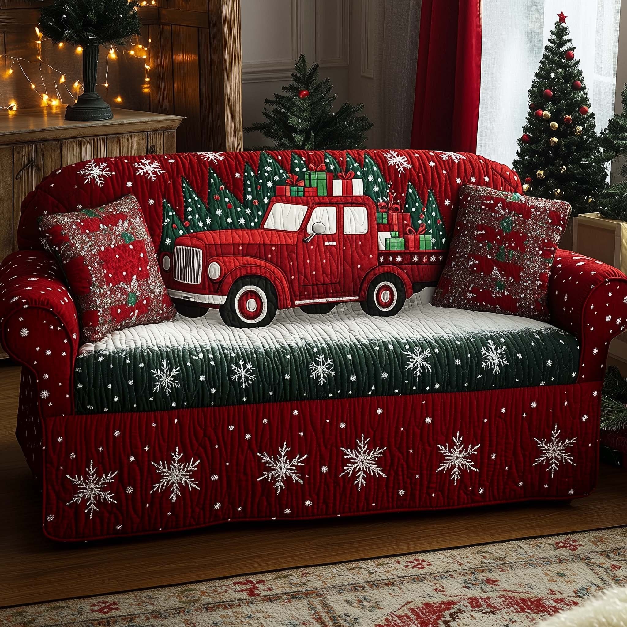 Red Truck on Green Snowflake Quilt Sofa Cover