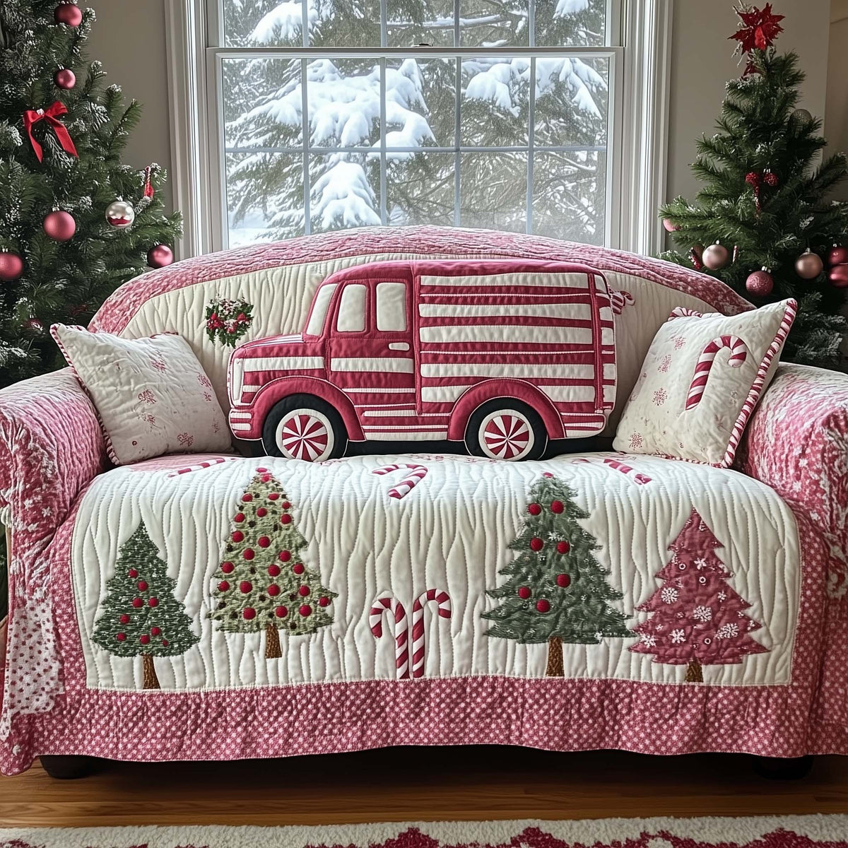 Pink Truck and Candy Cane Trees Sofa Cover