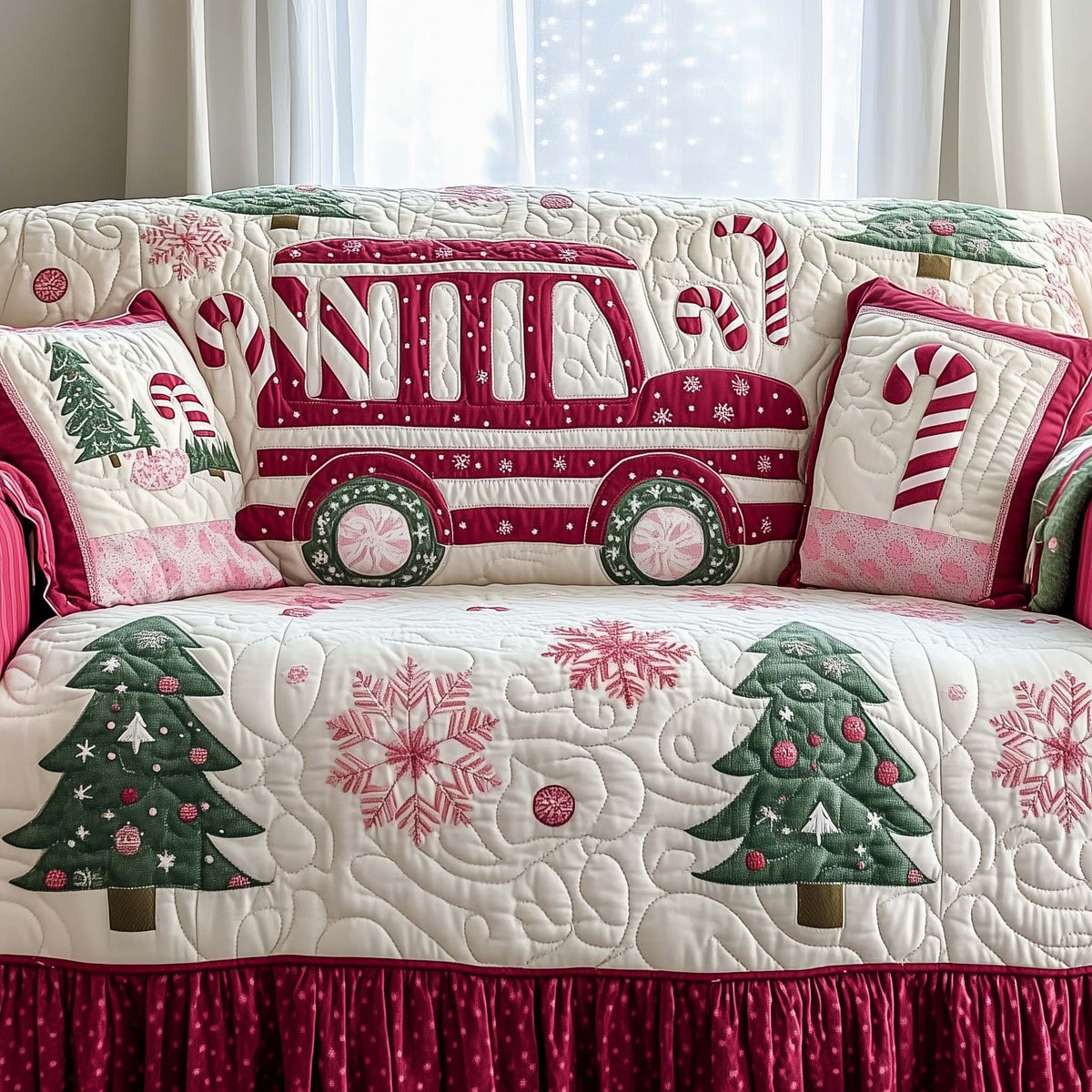 Pink Truck on Peppermint White Sofa Cover