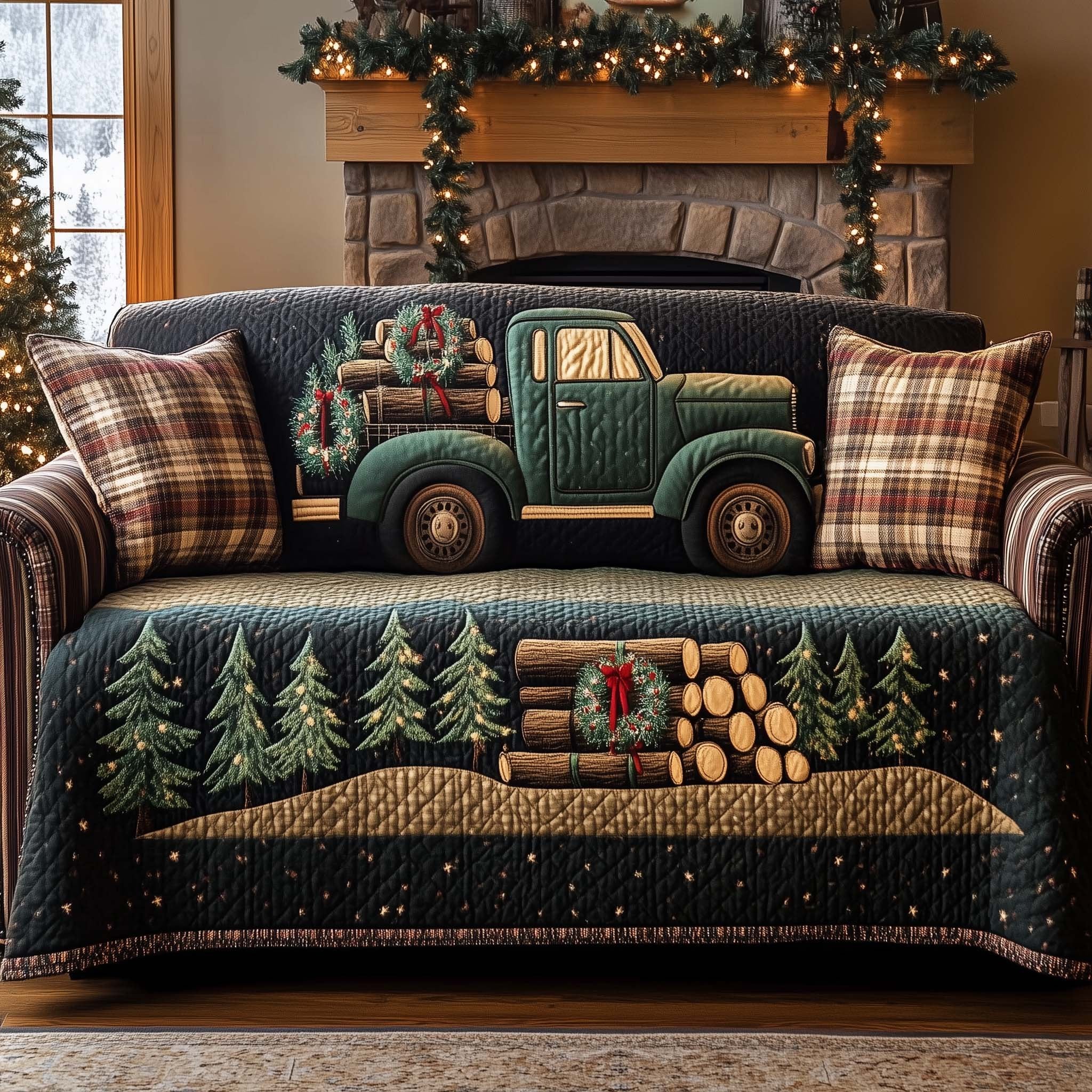 Green Truck Hauling Firewood Sofa Cover