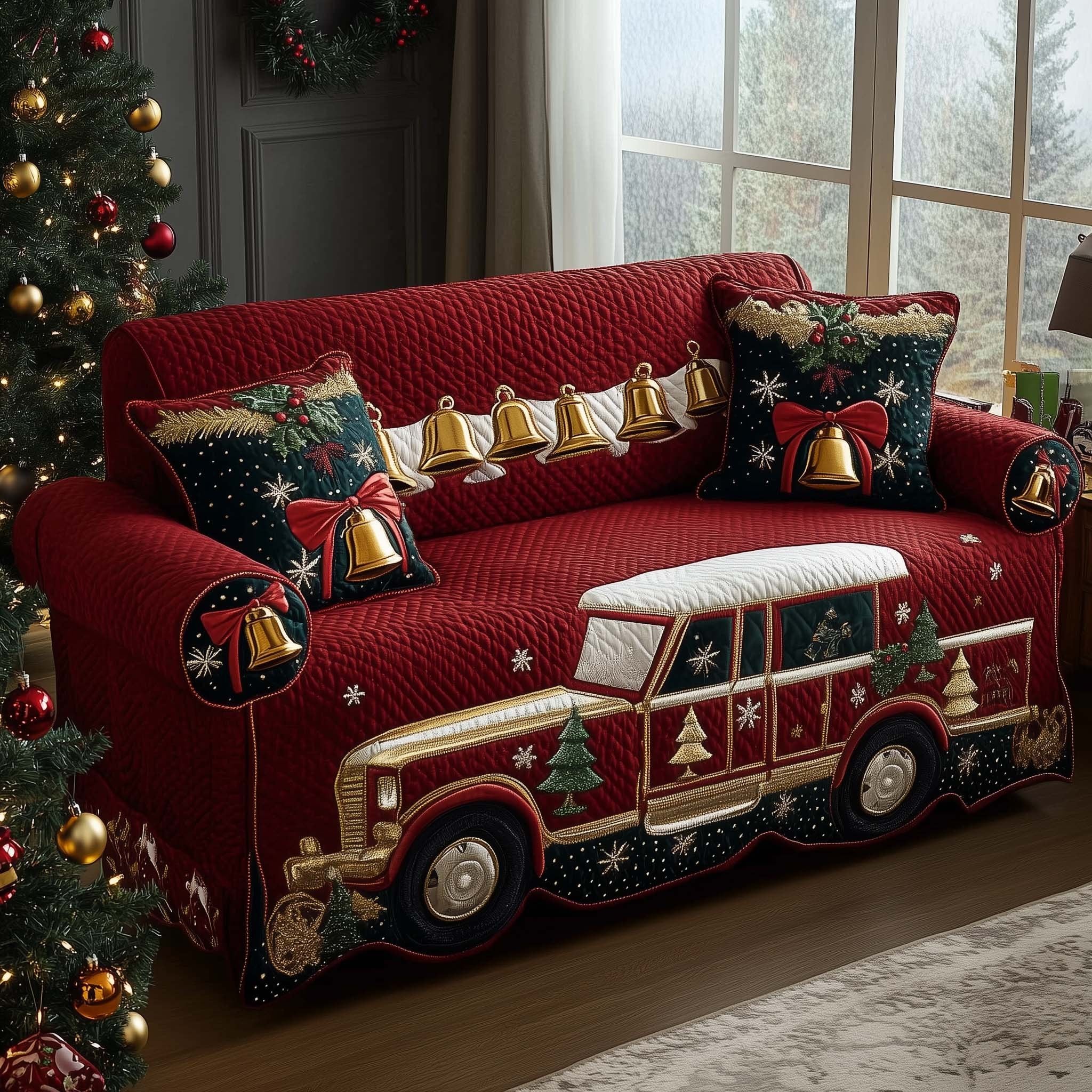 Golden Christmas Bells Truck Sofa Cover