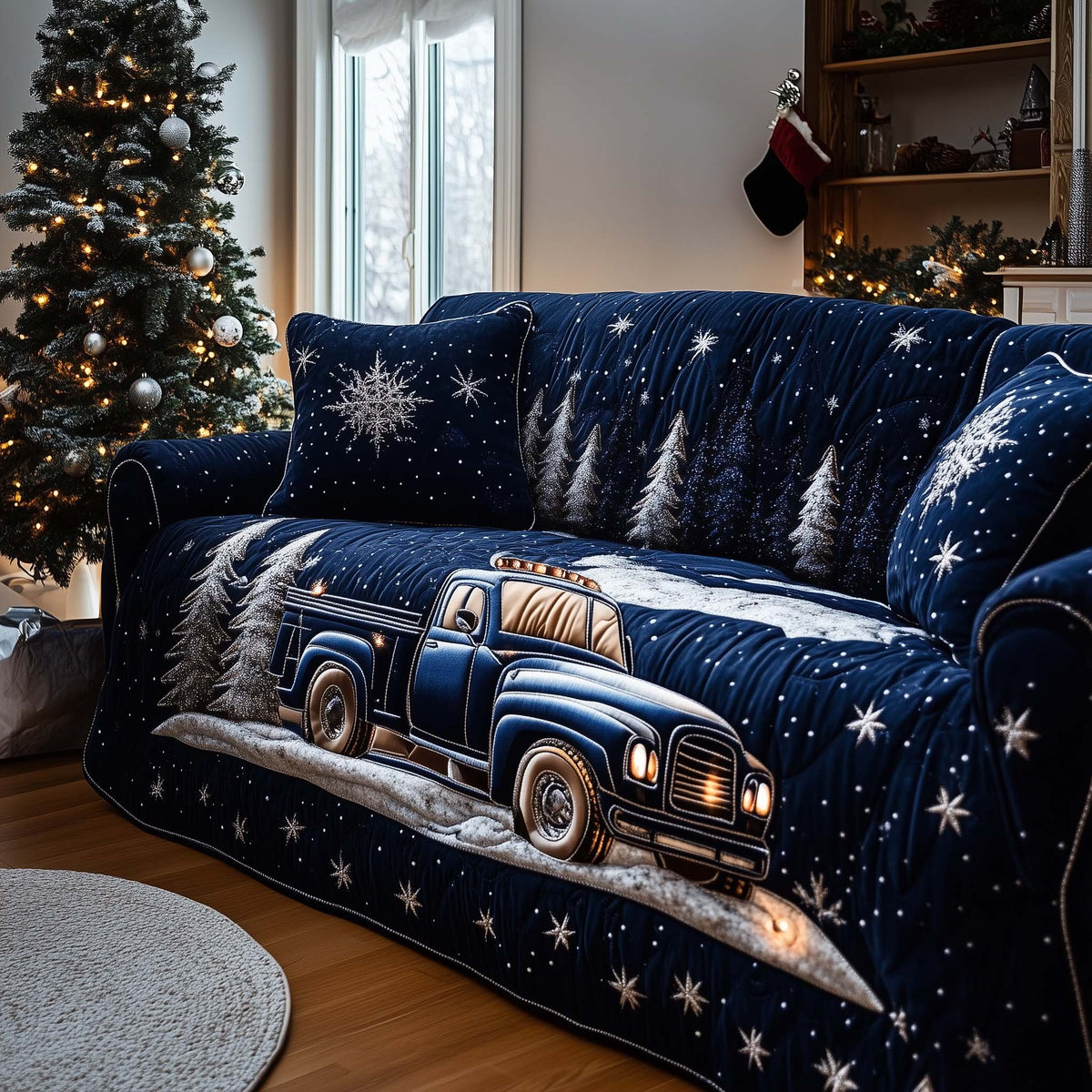 Blue Truck Under Navy Snowflakes Sofa Cover