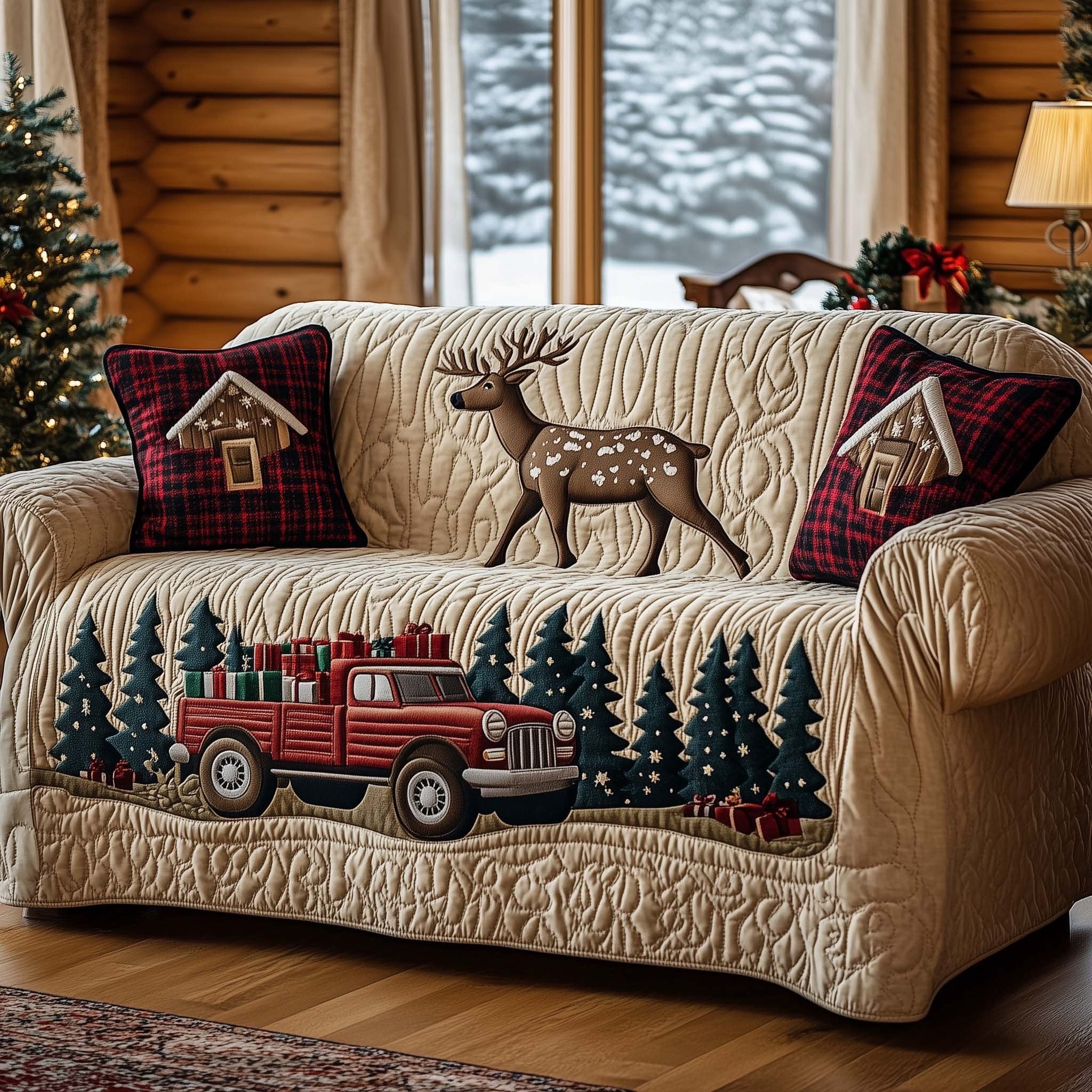 Deer and Red Truck on Cream Sofa Cover
