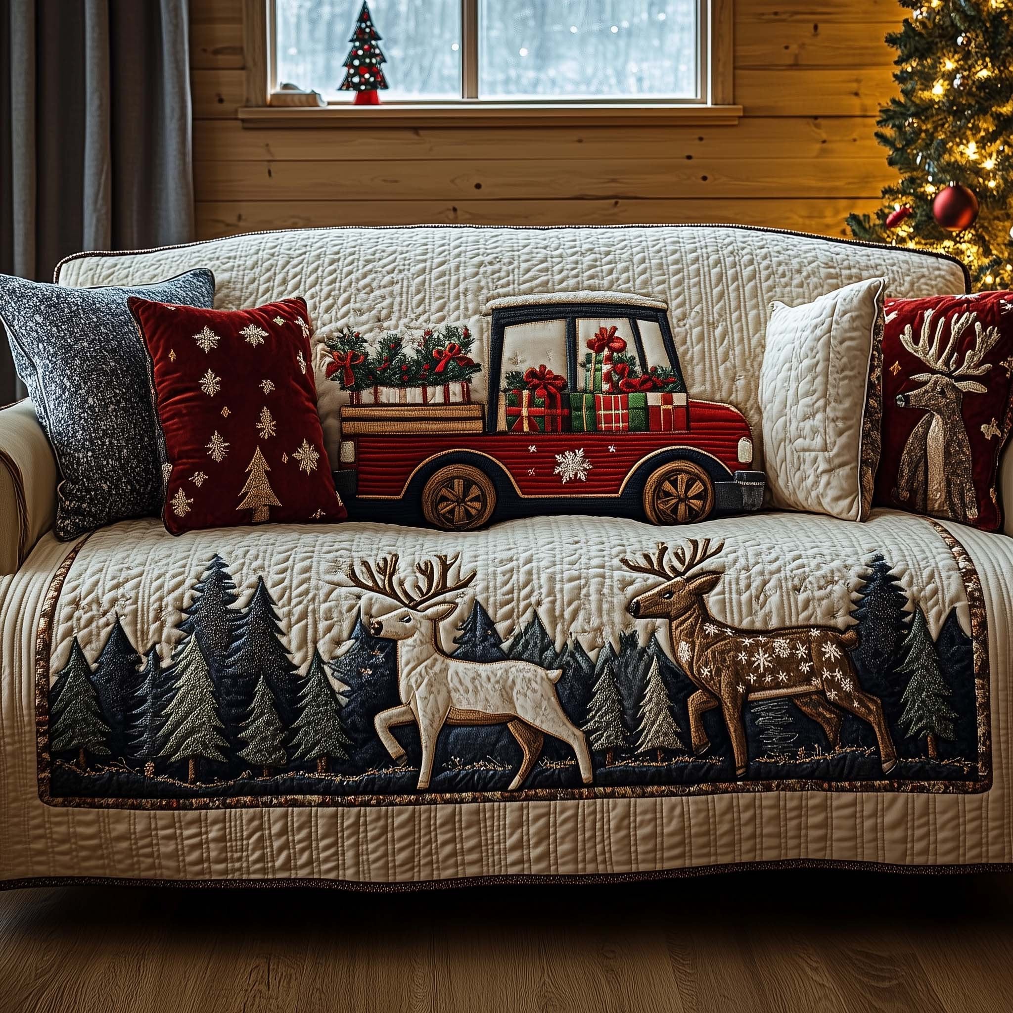 Golden Reindeer in the Navy Pines Sofa Cover