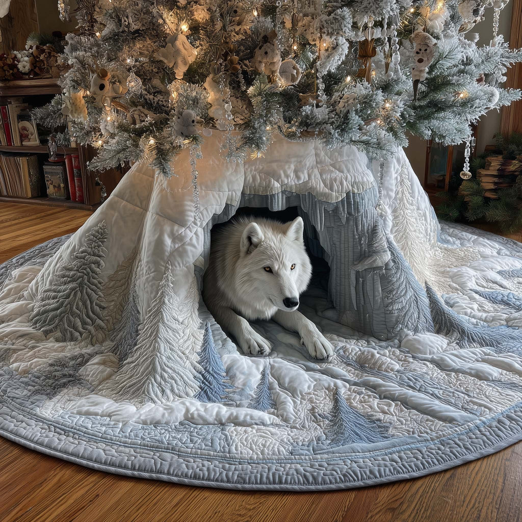White Wolf in the Snow Cave Christmas Tree Skirt