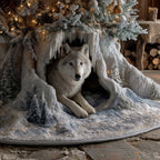 Grey Wolf in the Icy Den Christmas Tree Skirt