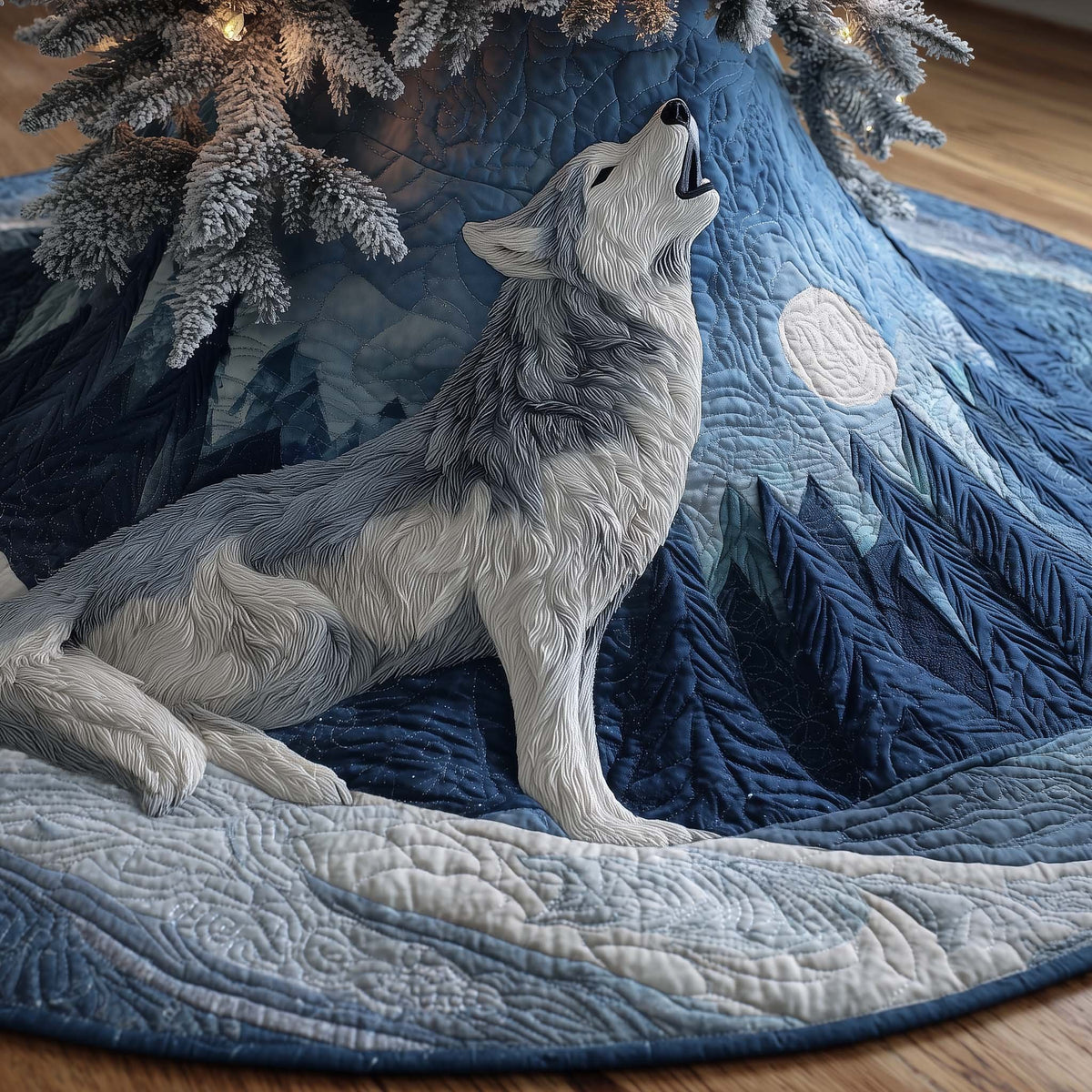 Wolf Howling on the Snowy Mountain Christmas Tree Skirt