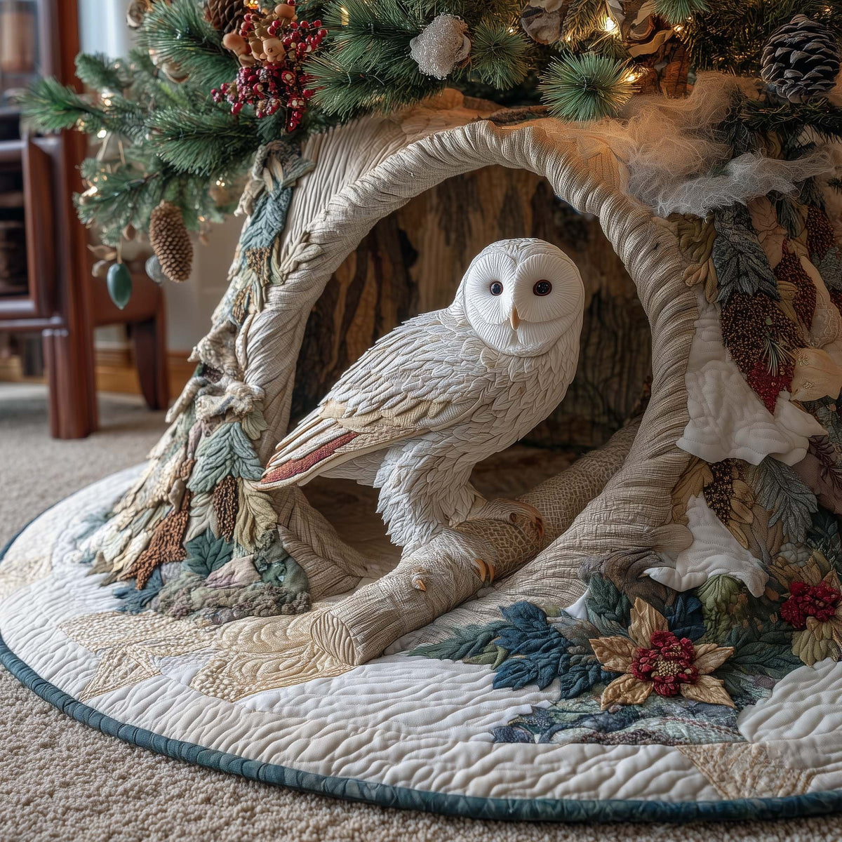 Snowy Owl in the Tree Hollow Christmas Tree Skirt