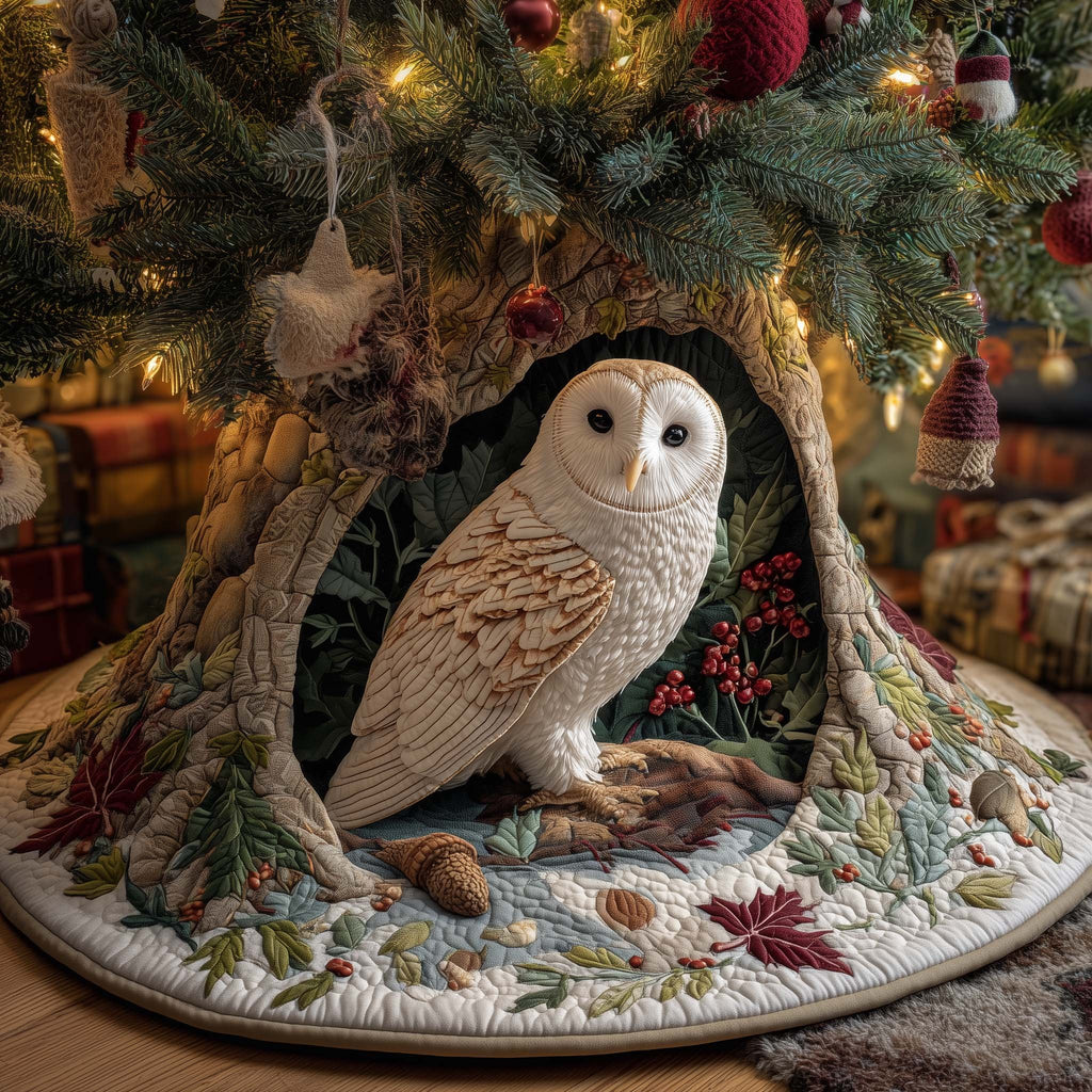 Owl in the Hollow with Red Berries Christmas Tree Skirt