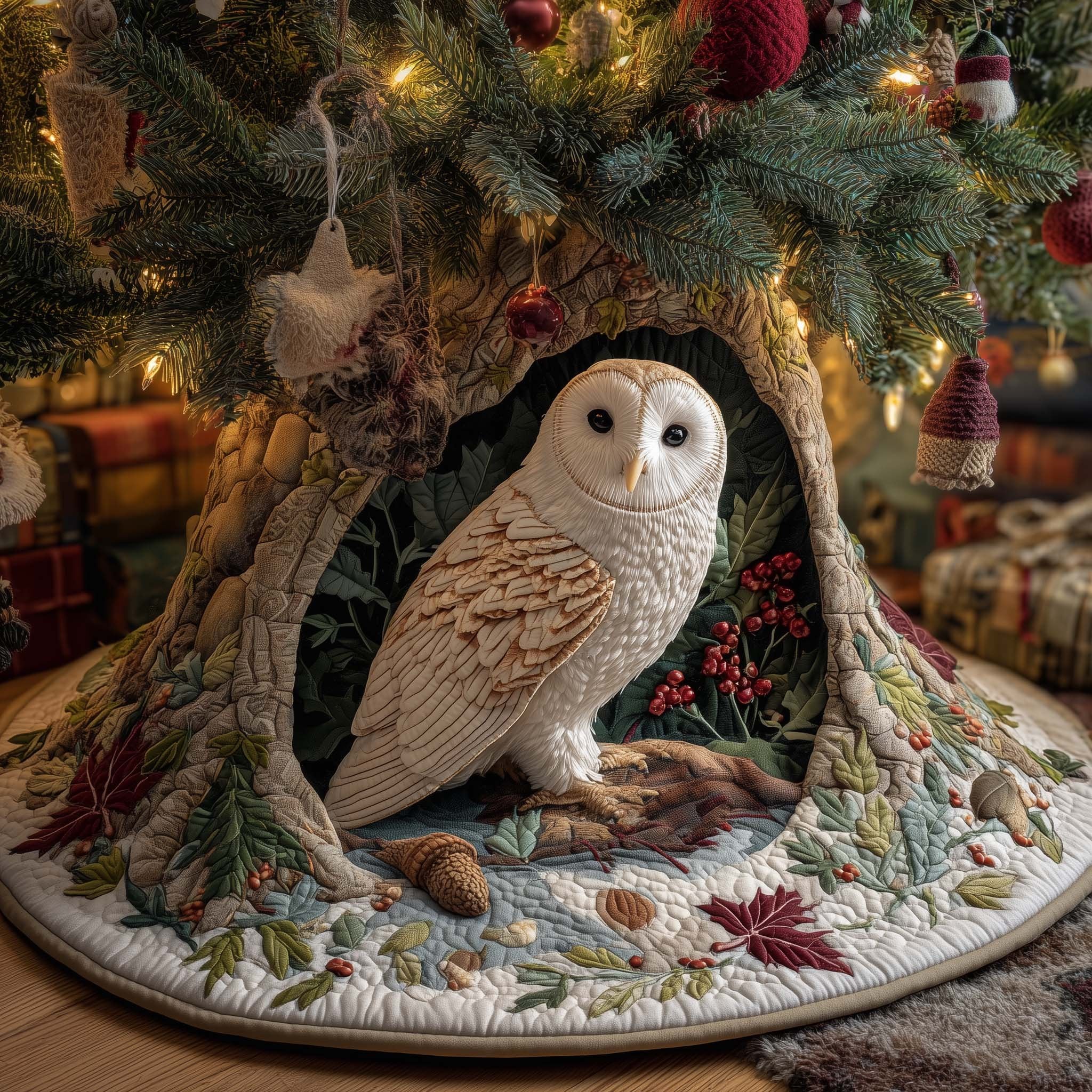 Owl in the Hollow with Red Berries Christmas Tree Skirt