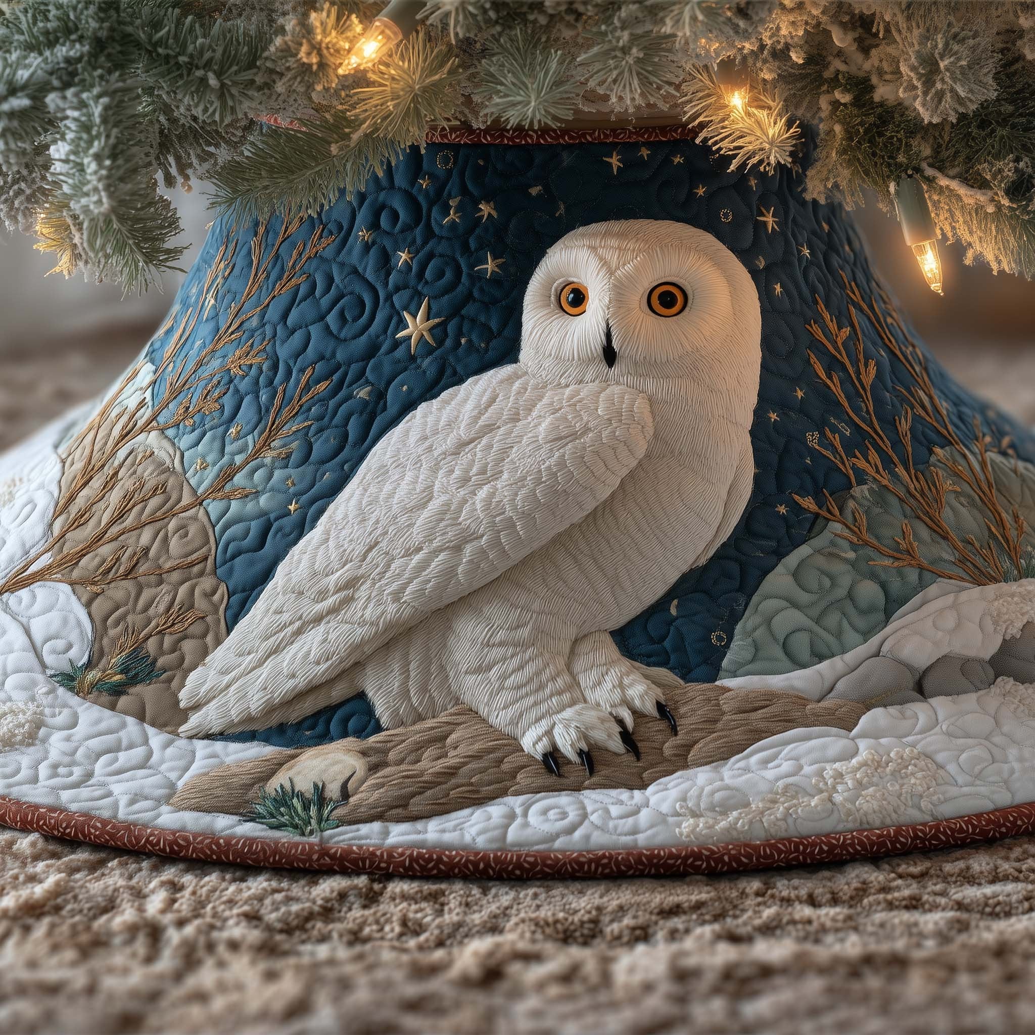 Snowy Owl on the Starry Blue Ground Christmas Tree Skirt