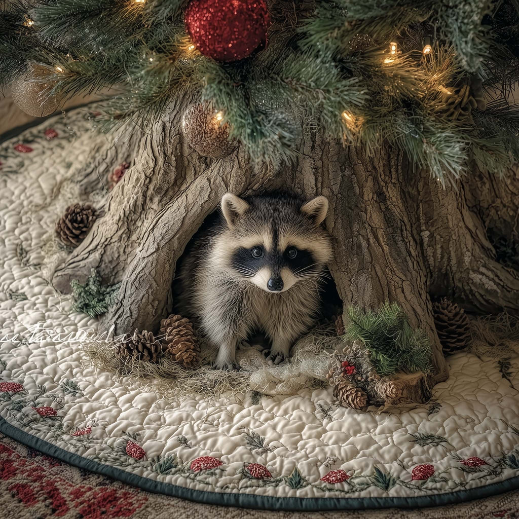 Raccoon Sitting in the Tree Hollow Christmas Tree Skirt