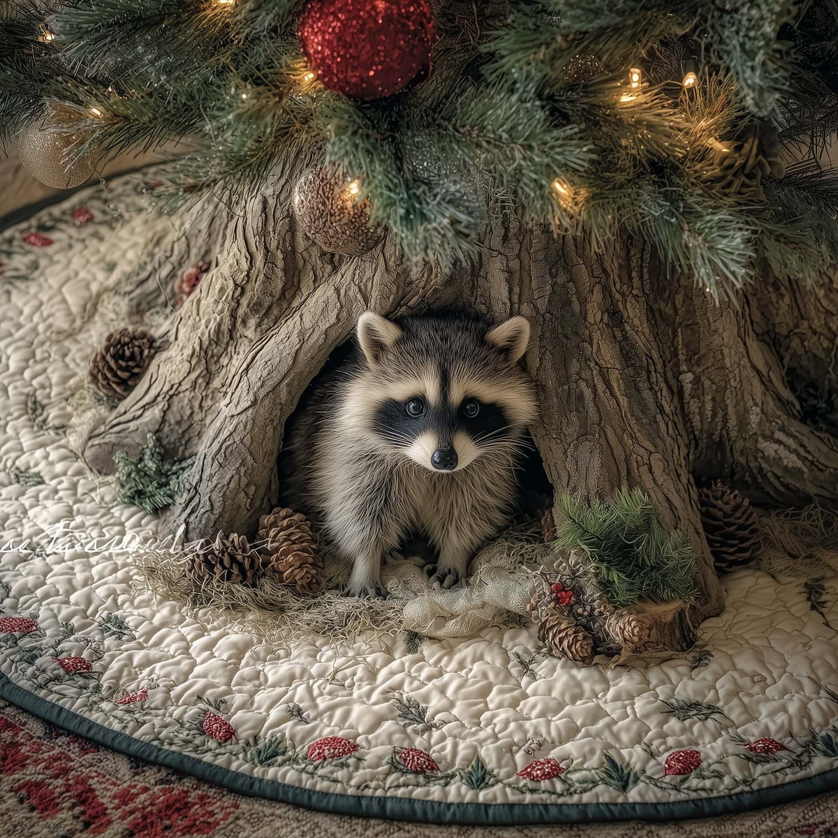 Raccoon Sitting in the Tree Hollow Christmas Tree Skirt