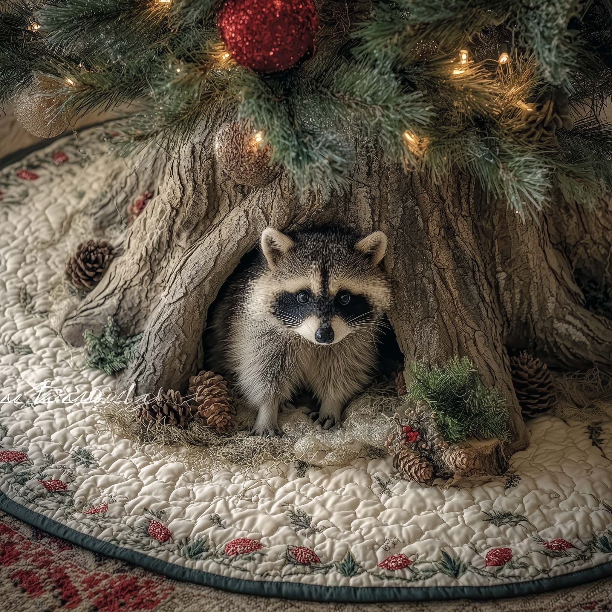 Raccoon Sitting in the Tree Hollow Christmas Tree Skirt