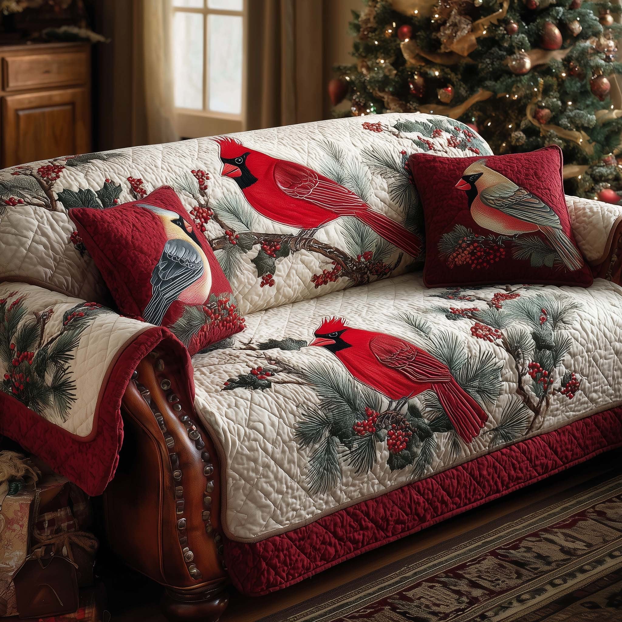 Cardinals on Cream Holly Branches Sofa Cover