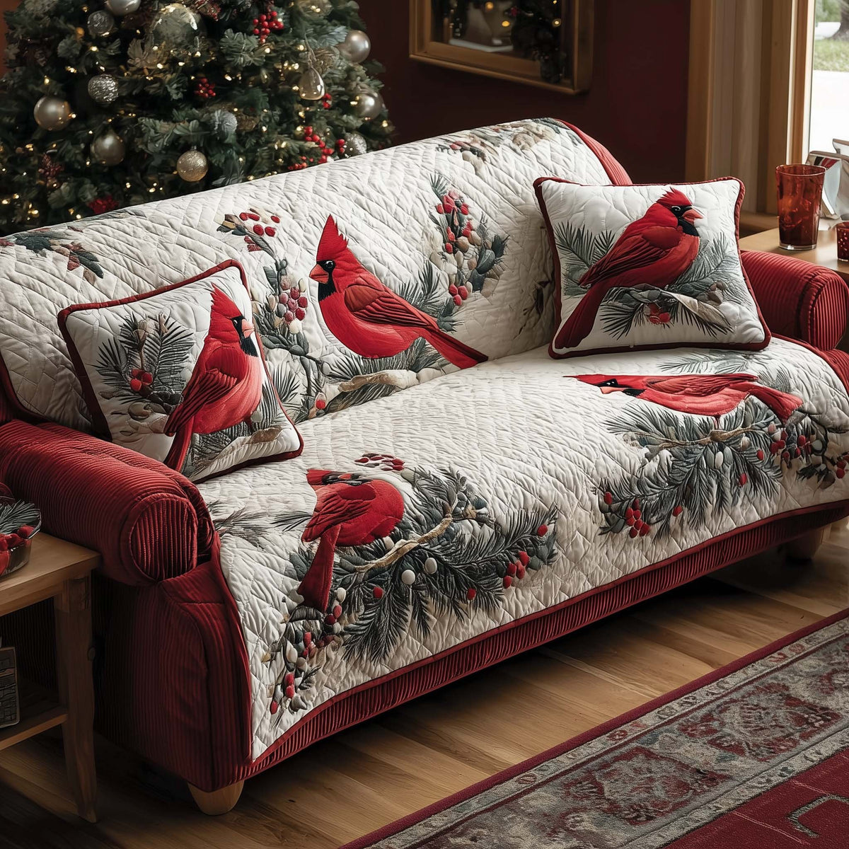 Cardinal on Ivory Berry Sprigs Sofa Cover