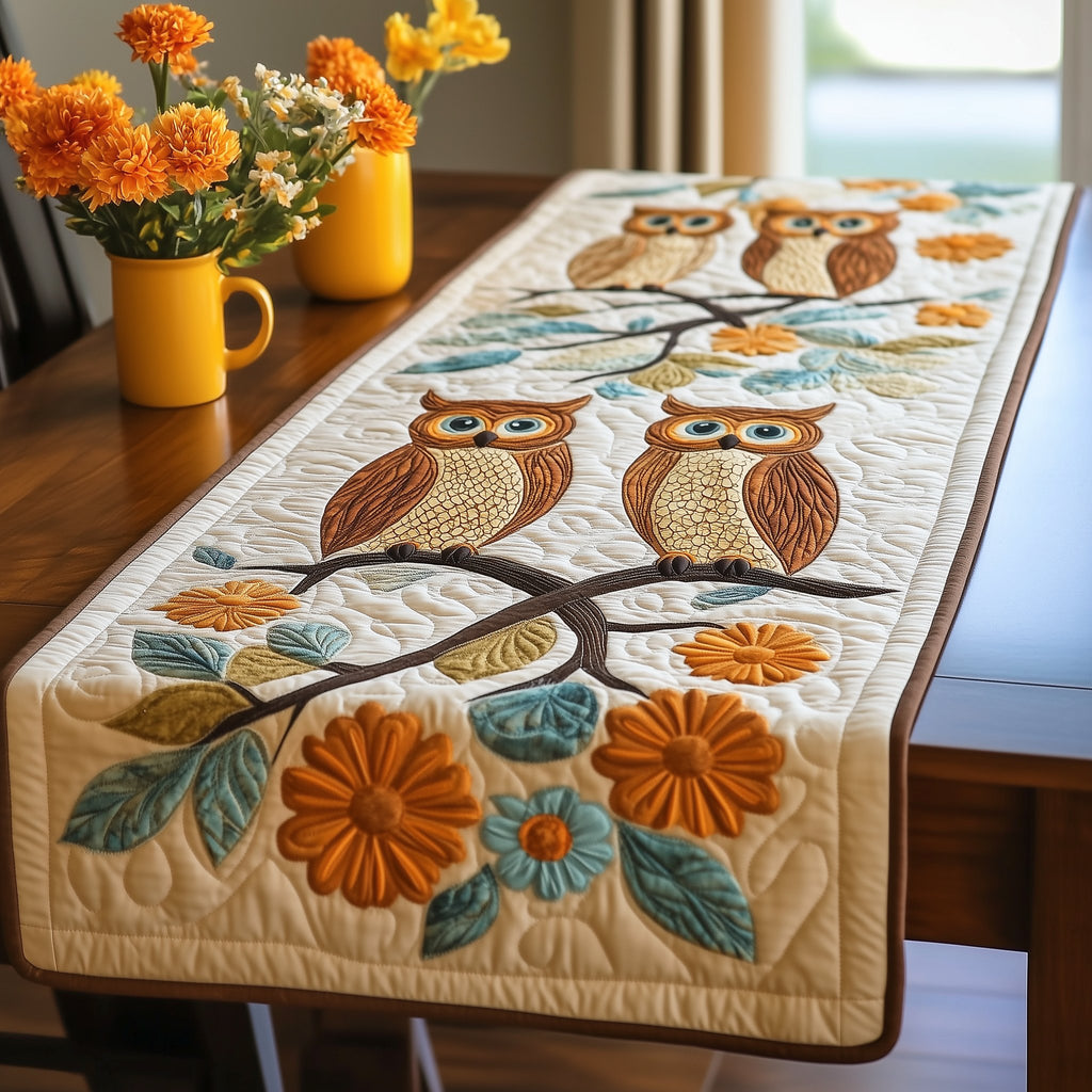 Owls Beside Large Orange Flowers Table Runner