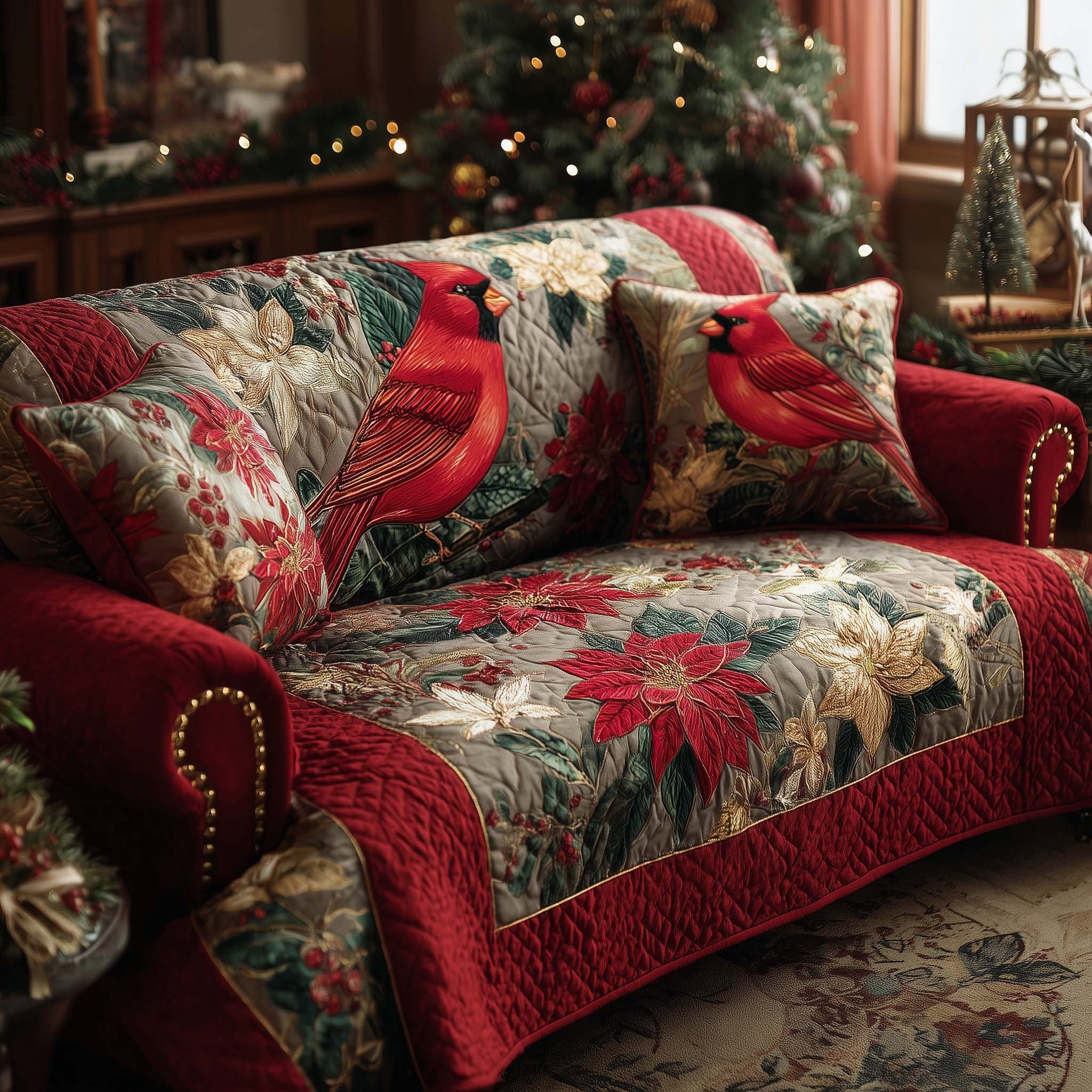 Cardinal with Red Poinsettias Sofa Cover