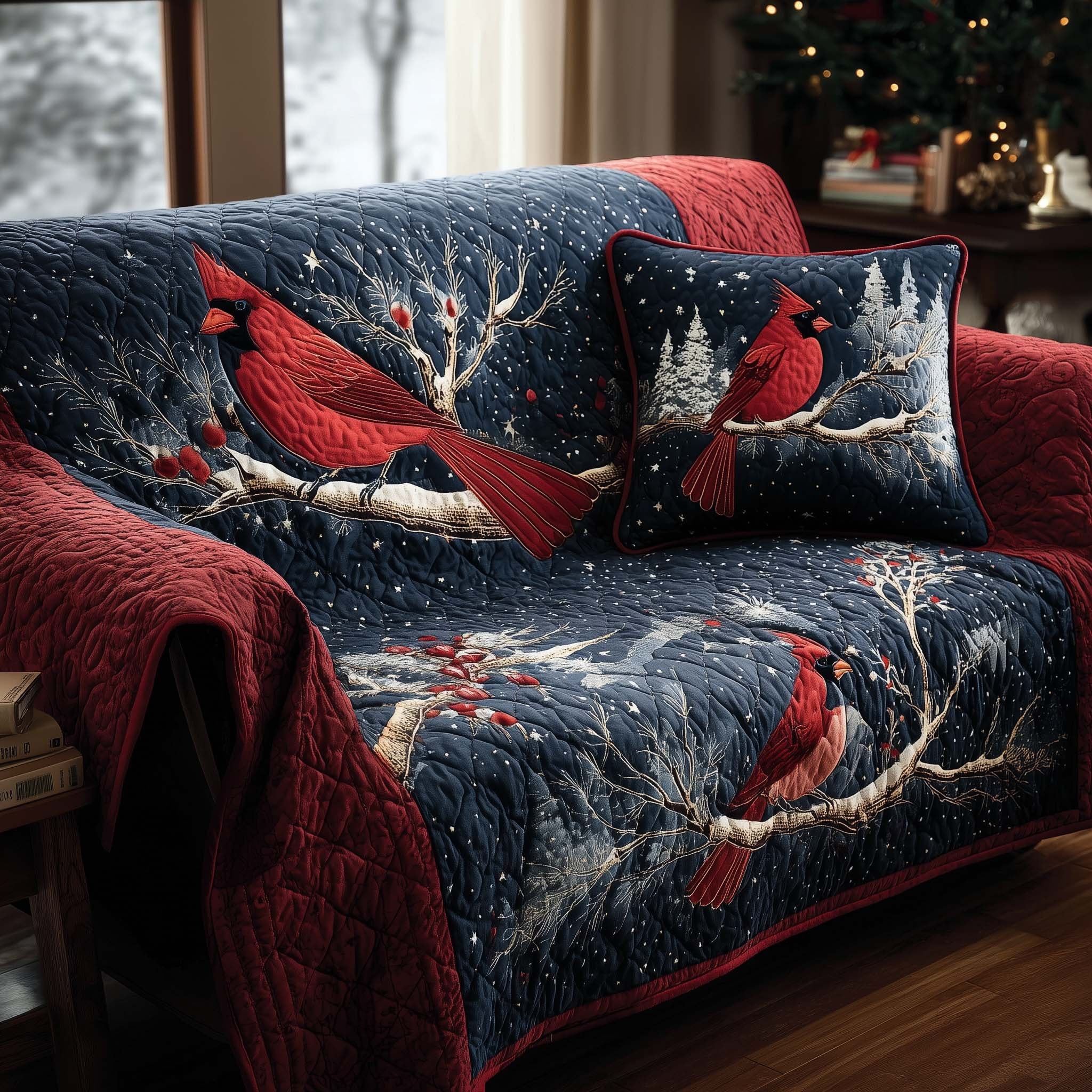 Cardinals on Navy Snow Branches Sofa Cover