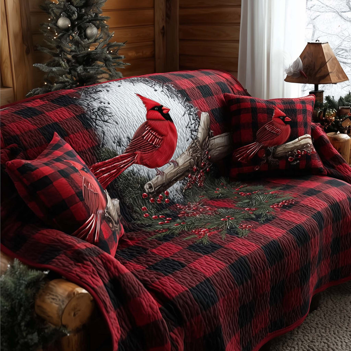 Cardinal on Red Buffalo Check Sofa Cover