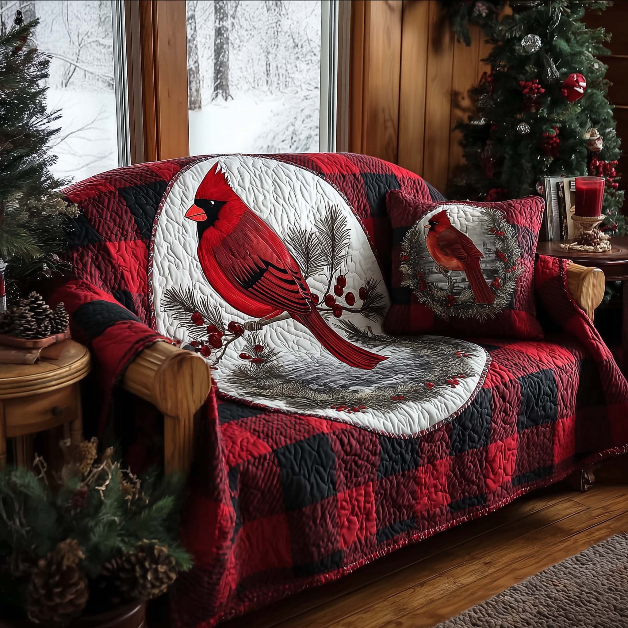 Cardinal on White and Red Plaid Sofa Cover