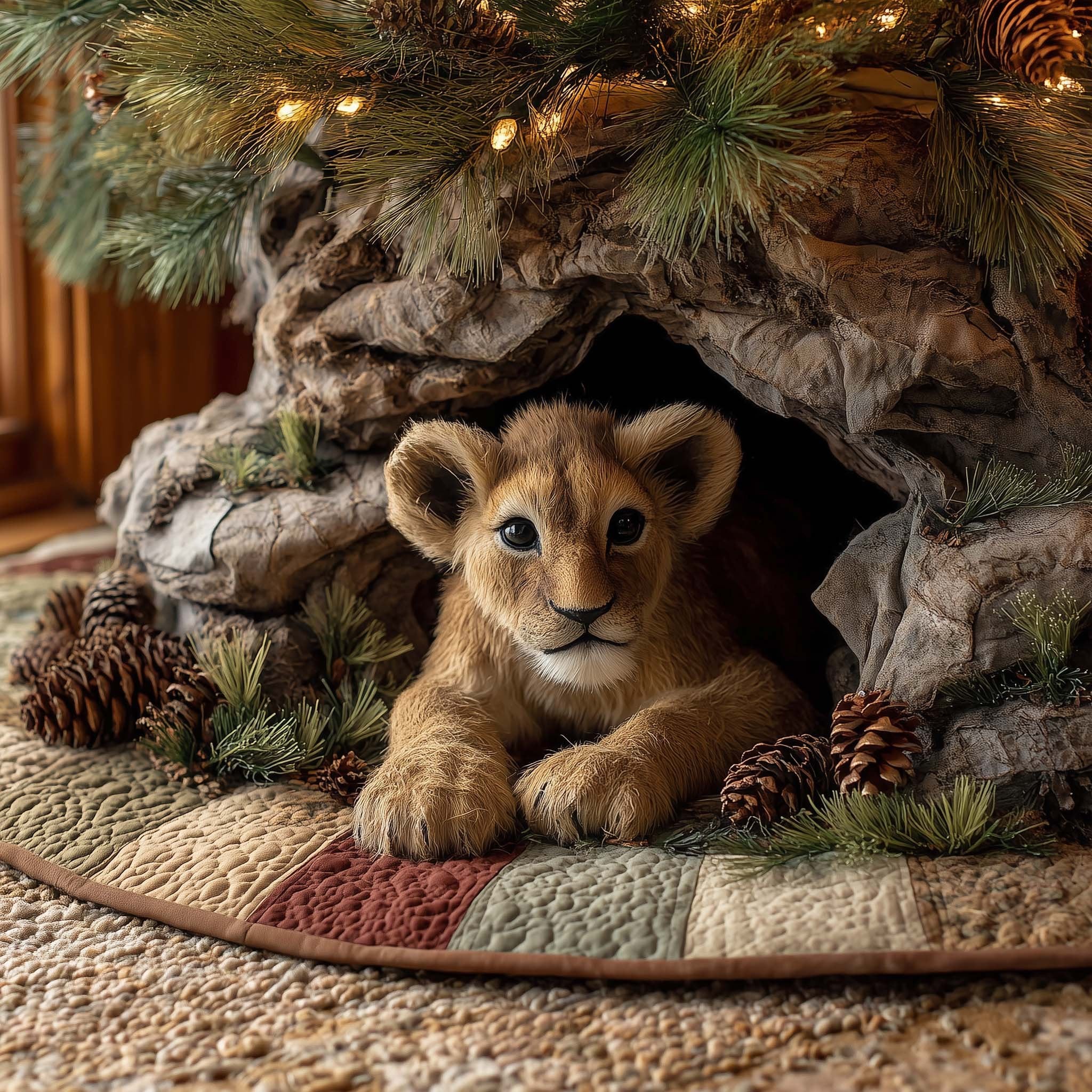 Lion Cub Resting in the Stone Den Christmas Tree Skirt