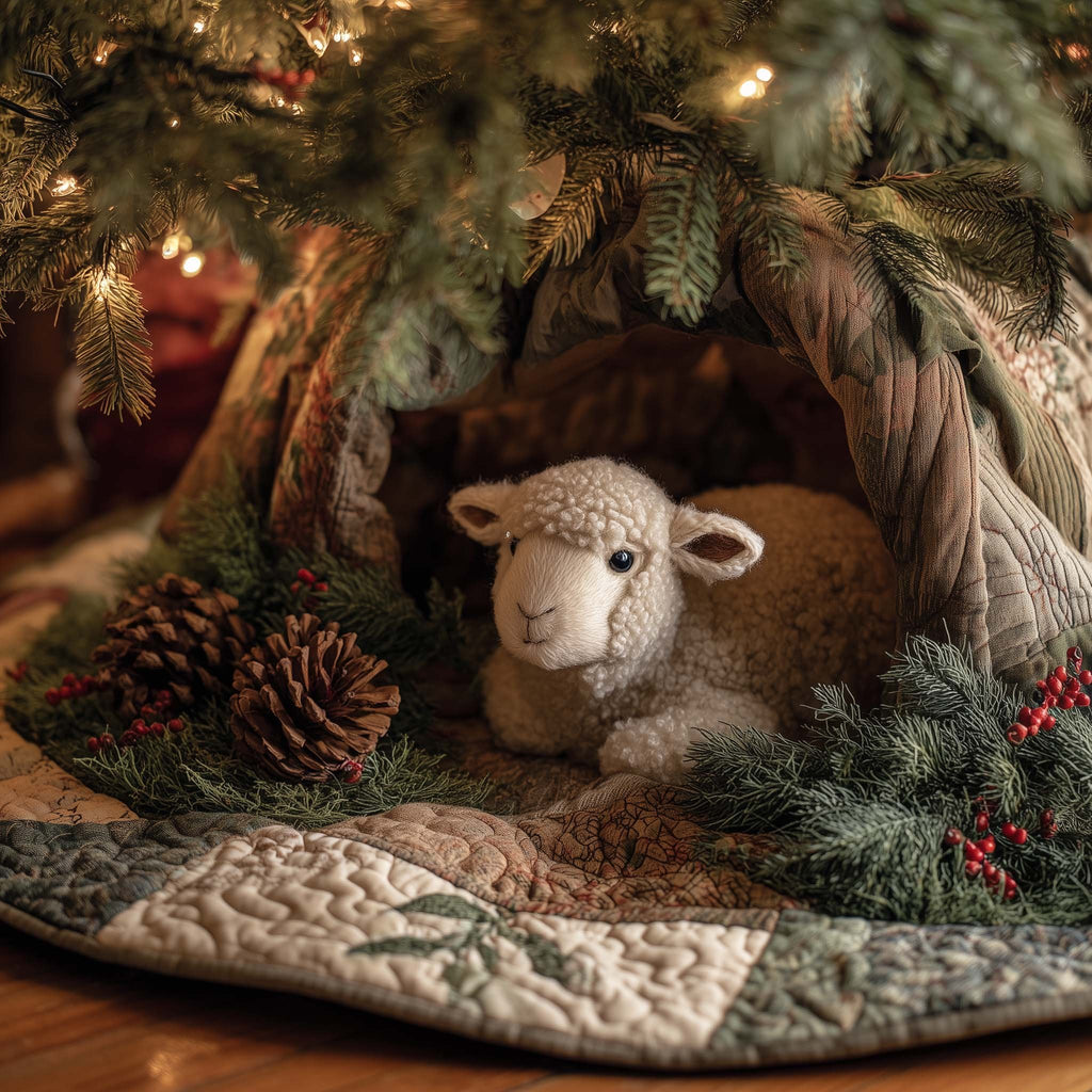 White Lamb Resting by Pinecones Christmas Tree Skirt