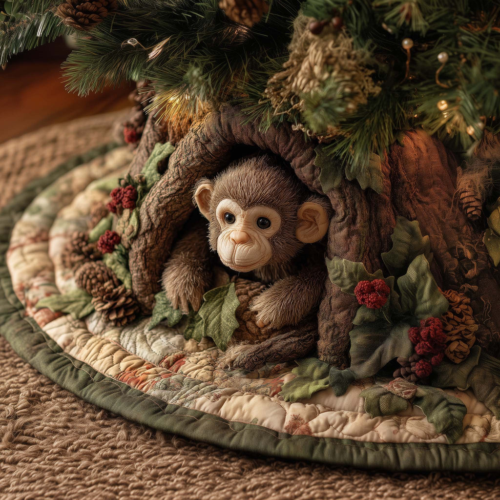Baby Monkey with Red Berries Christmas Tree Skirt
