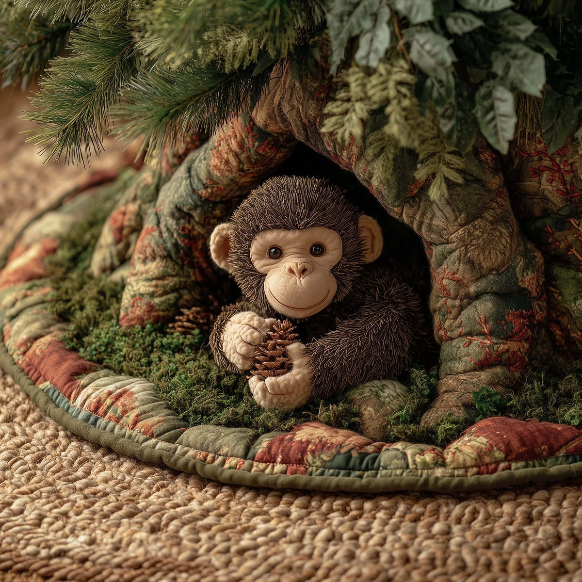Baby Monkey Holding a Pinecone Christmas Tree Skirt
