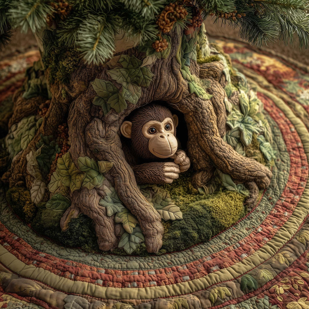 Monkey in the Green Tree Branches Christmas Tree Skirt