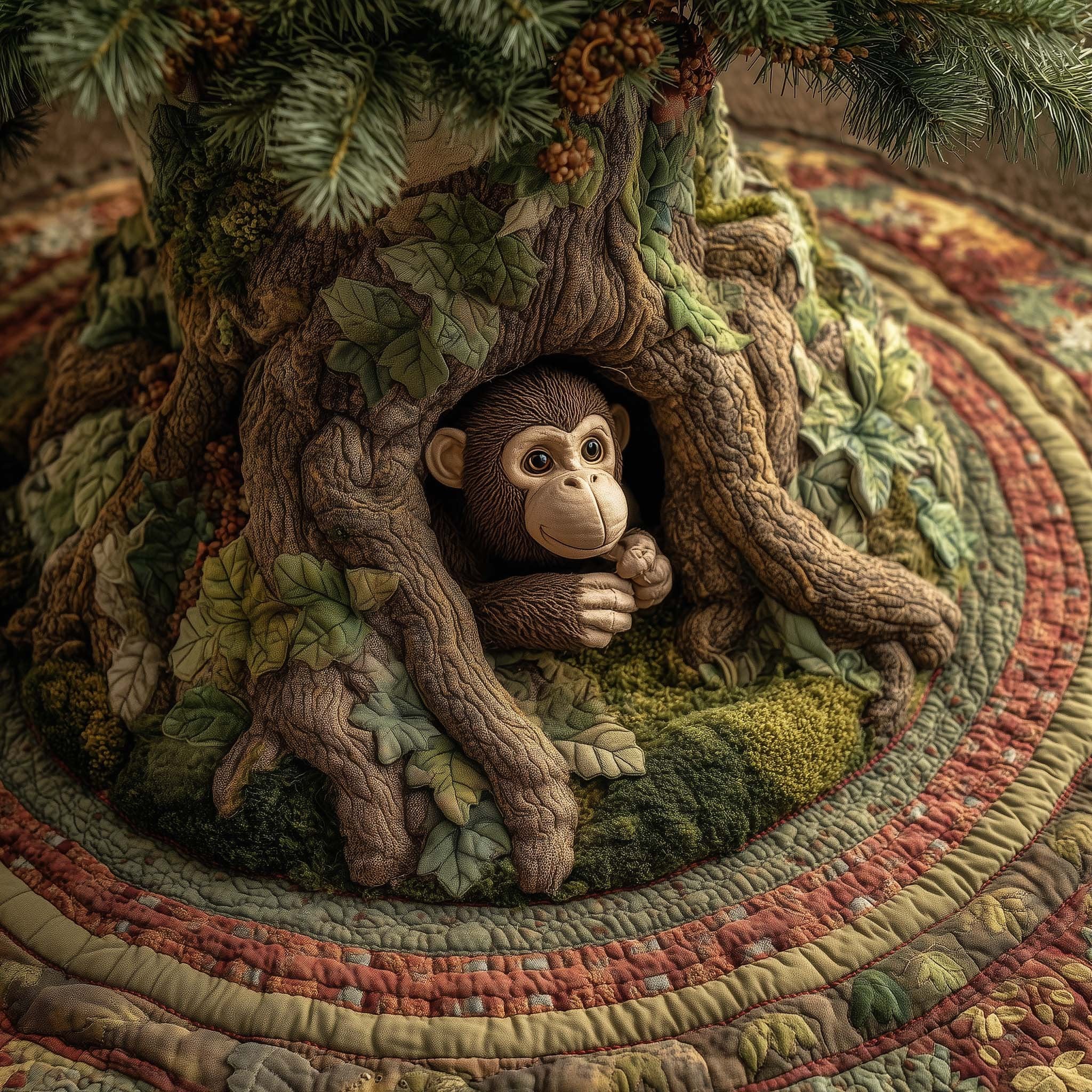 Monkey in the Green Tree Branches Christmas Tree Skirt