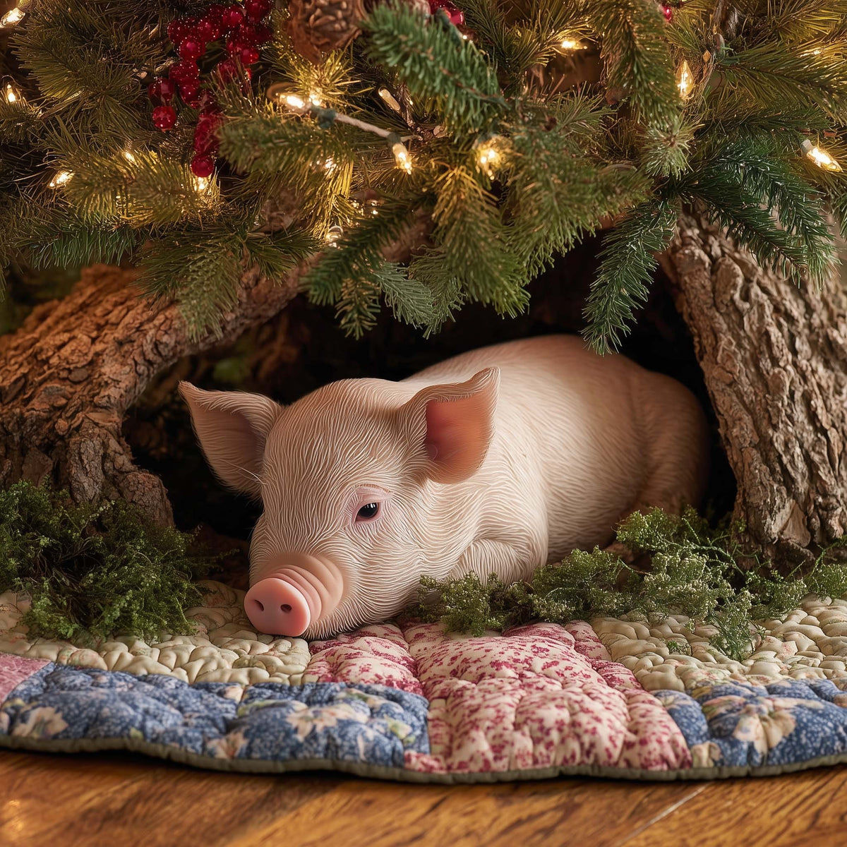 Pig Resting in the Tree Hollow Christmas Tree Skirt