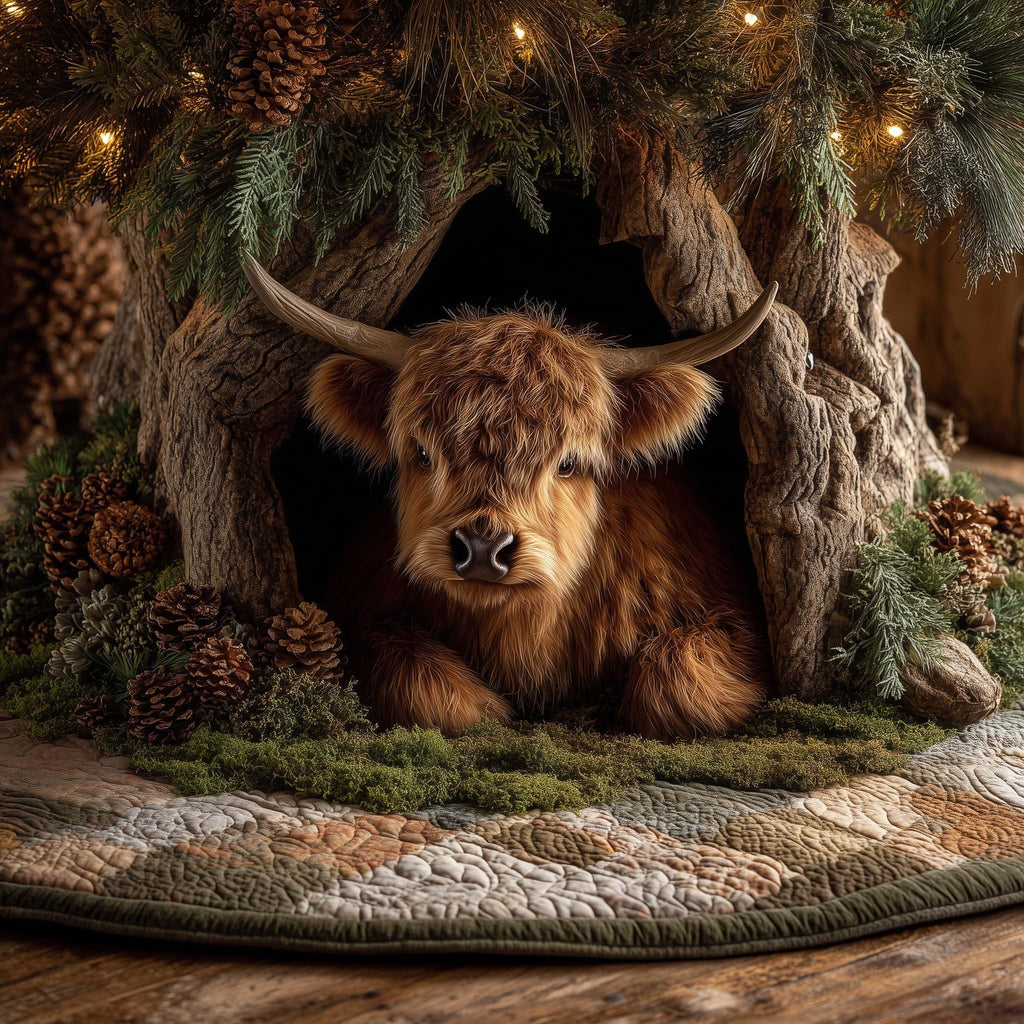 Dark Highland Cow in a Log Christmas Tree Skirt