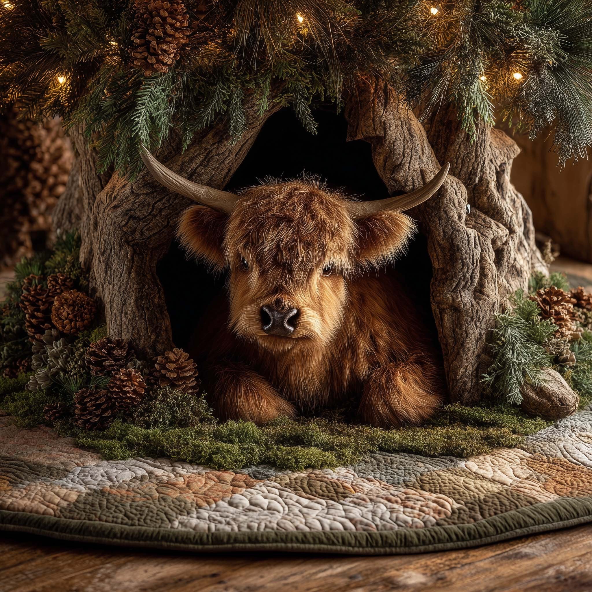 Dark Highland Cow in a Log Christmas Tree Skirt