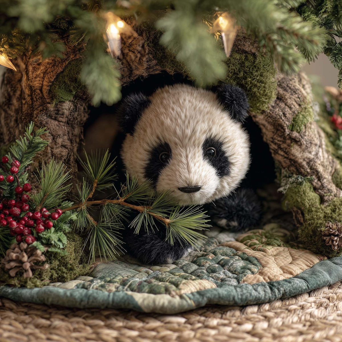 Panda Cub in the Tree Hollow Christmas Tree Skirt